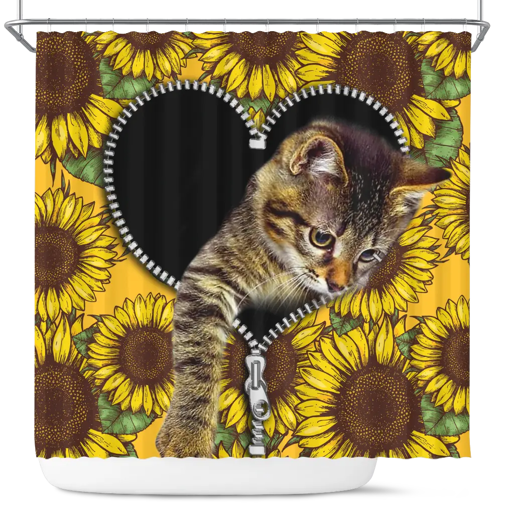 Cute Cat Sunflower Zipper Shower Curtain