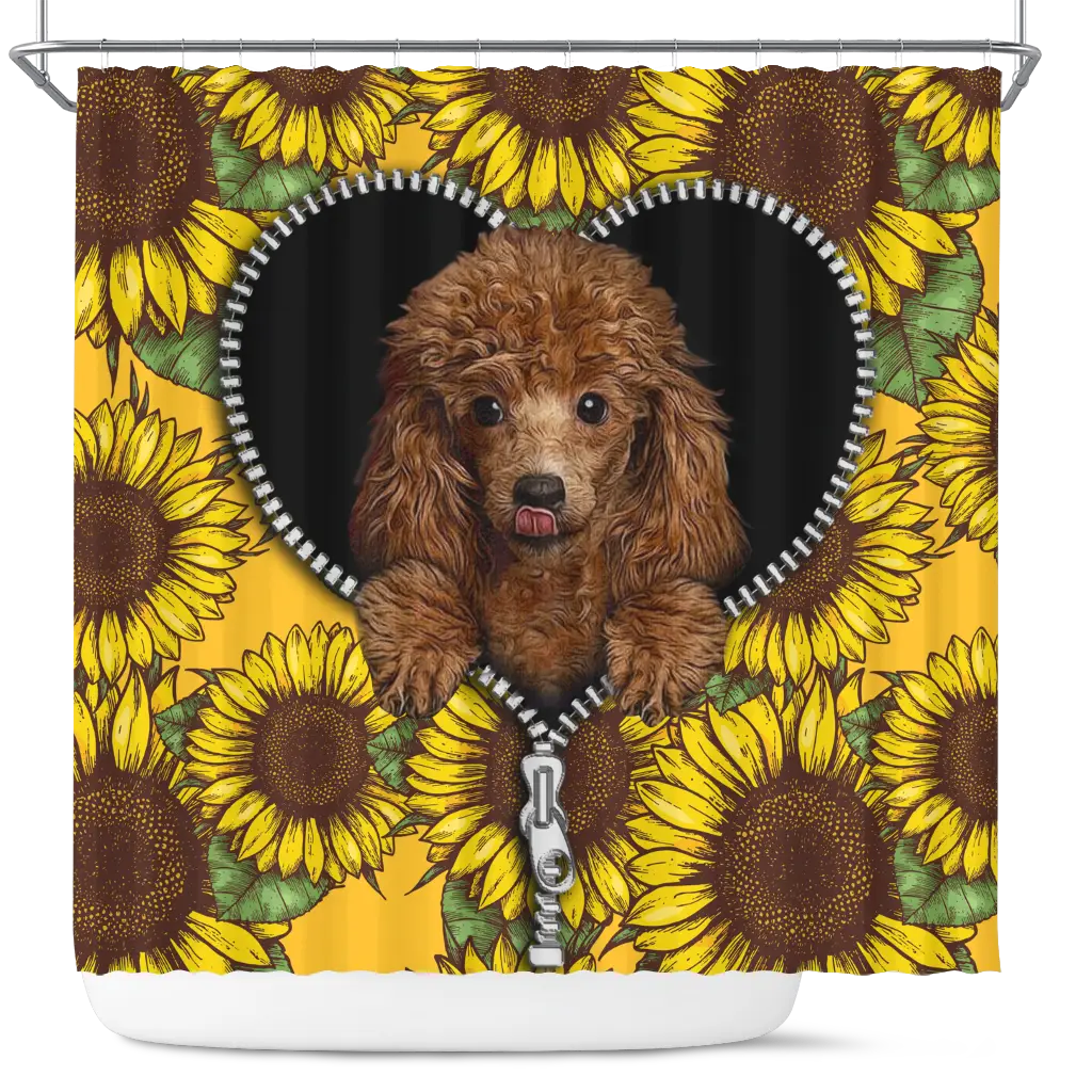 Cute Dog Poodle Sunflower Zipper Shower Curtain