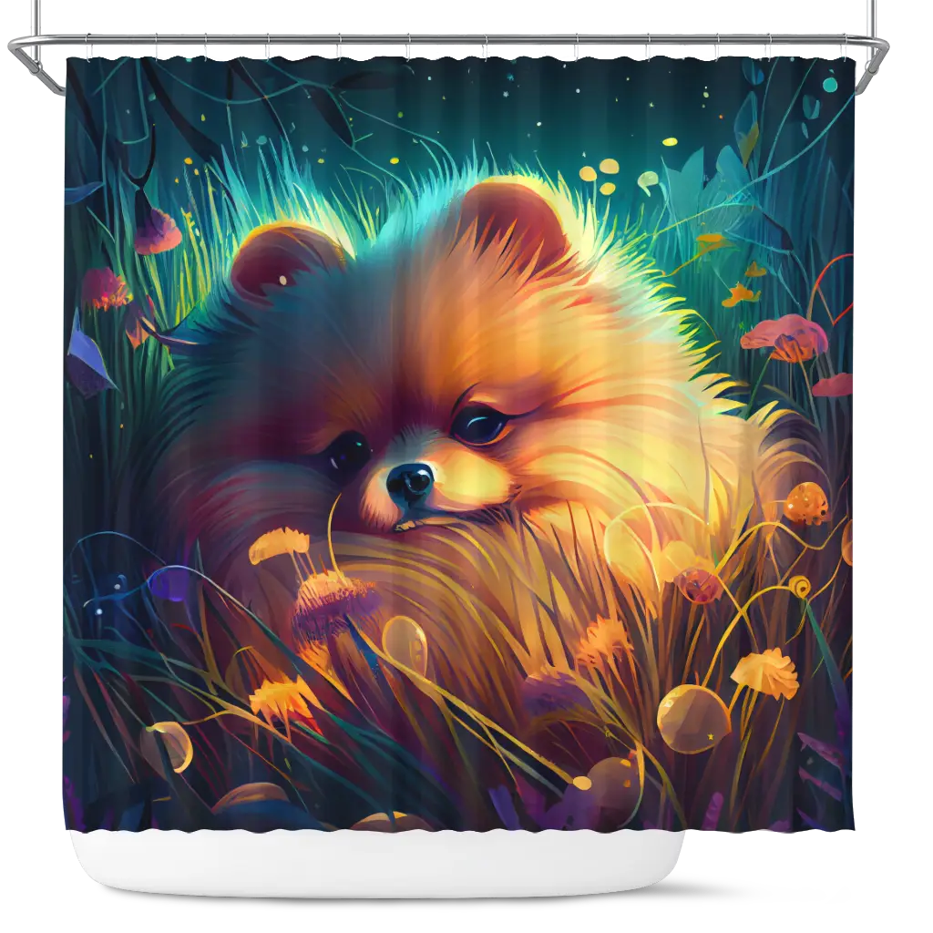Cute Pomeranian Bedded Down In The Grass Shower Curtain