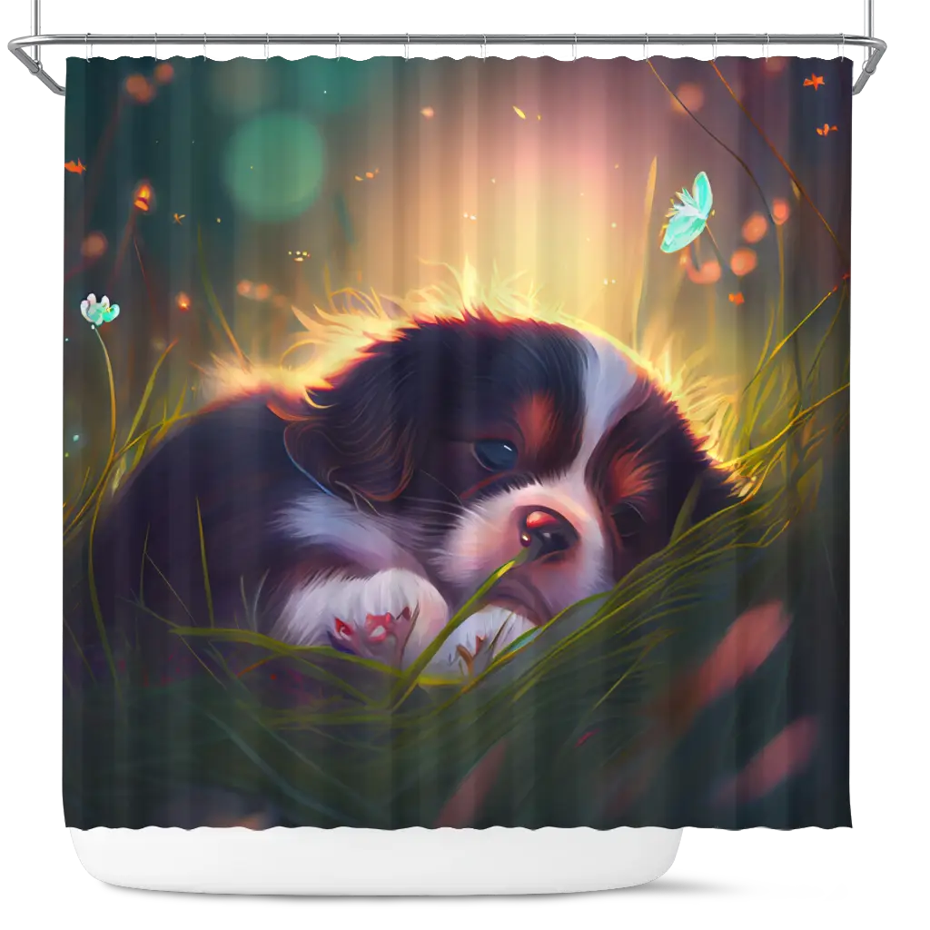 Cute Puppy Bedded Down In The Grass 3 Shower Curtain