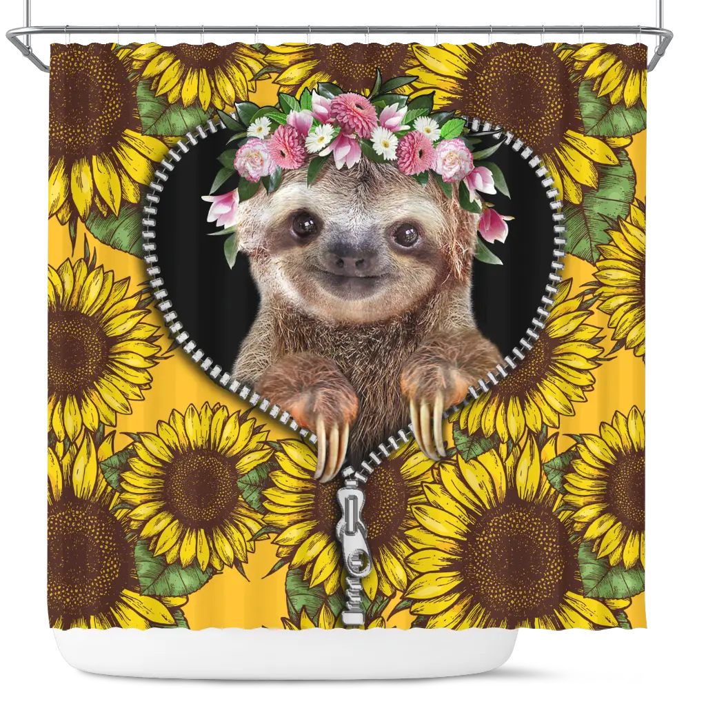 Cute Sloth Sunflower Zipper Shower Curtain