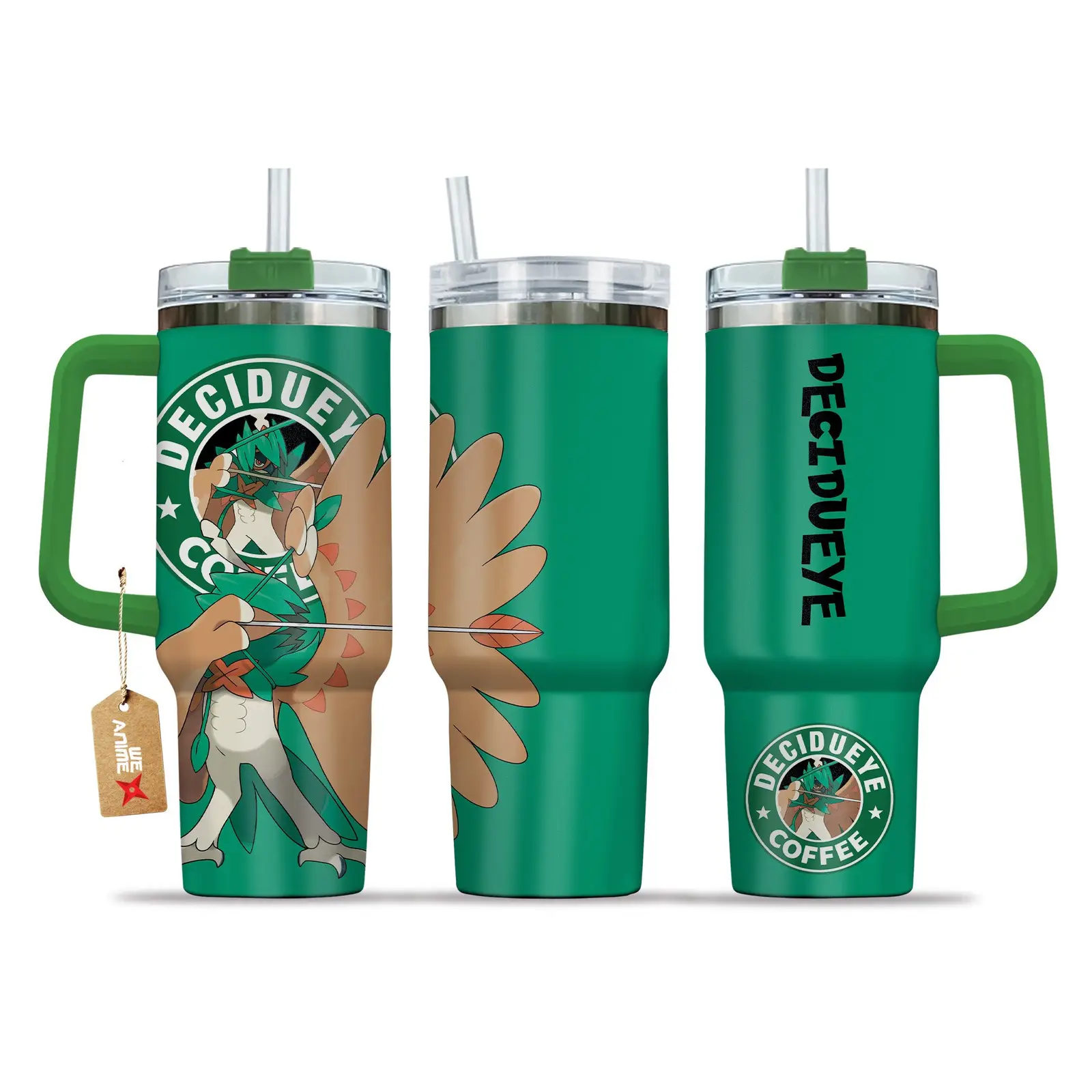 Decidueye Coffee Pokemon Anime Custom  40oz Quencher Stainless Steel Tumbler With Handle, Best Gift Idea NVA