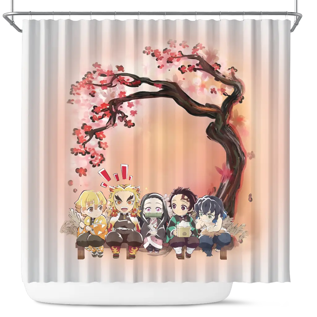 Demon Slayer Team Chibi Anime Cherry Blossom Japan Shower Curtain