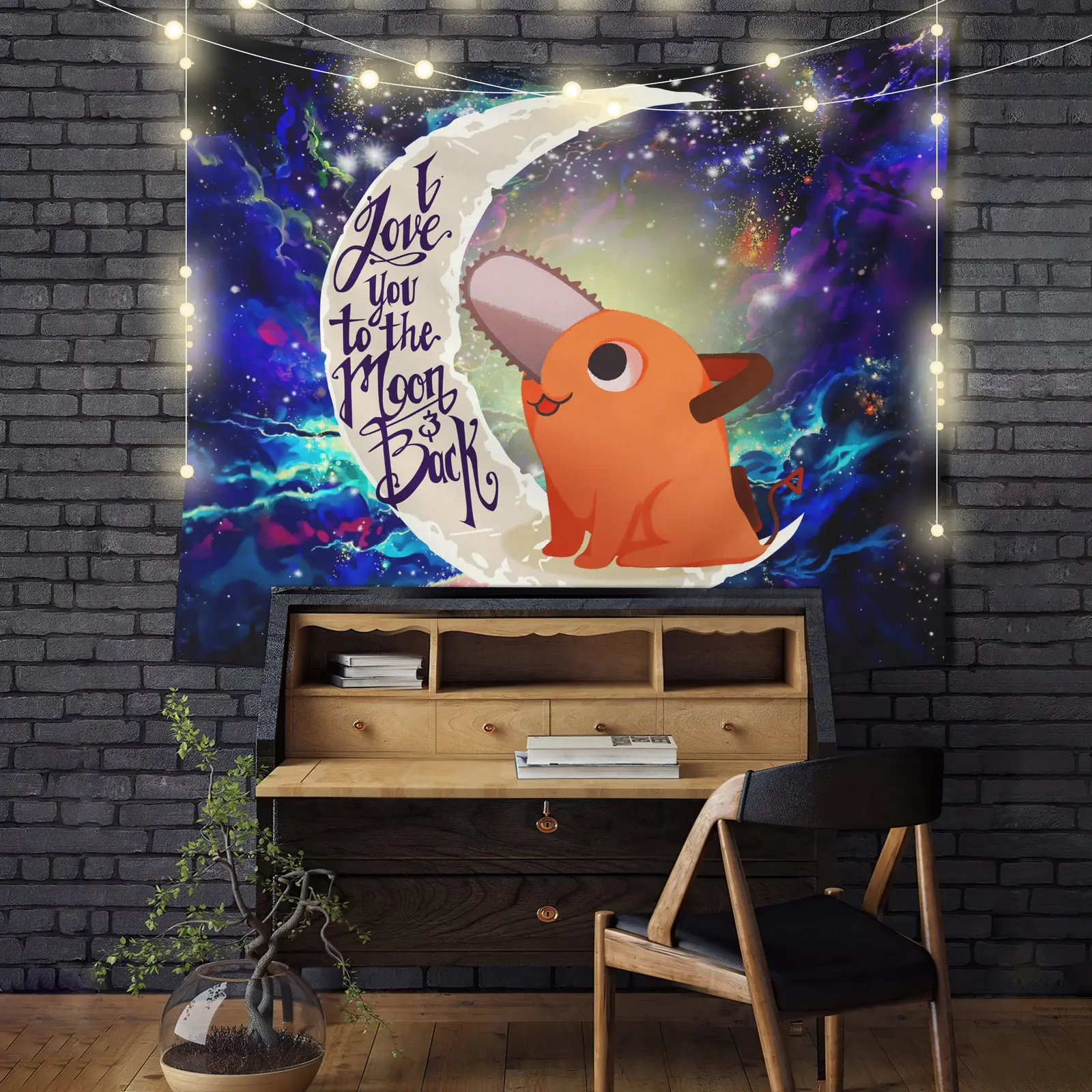 Dog Chainsaw Man Love You To The Moon Galaxy Tapestry Room Decor