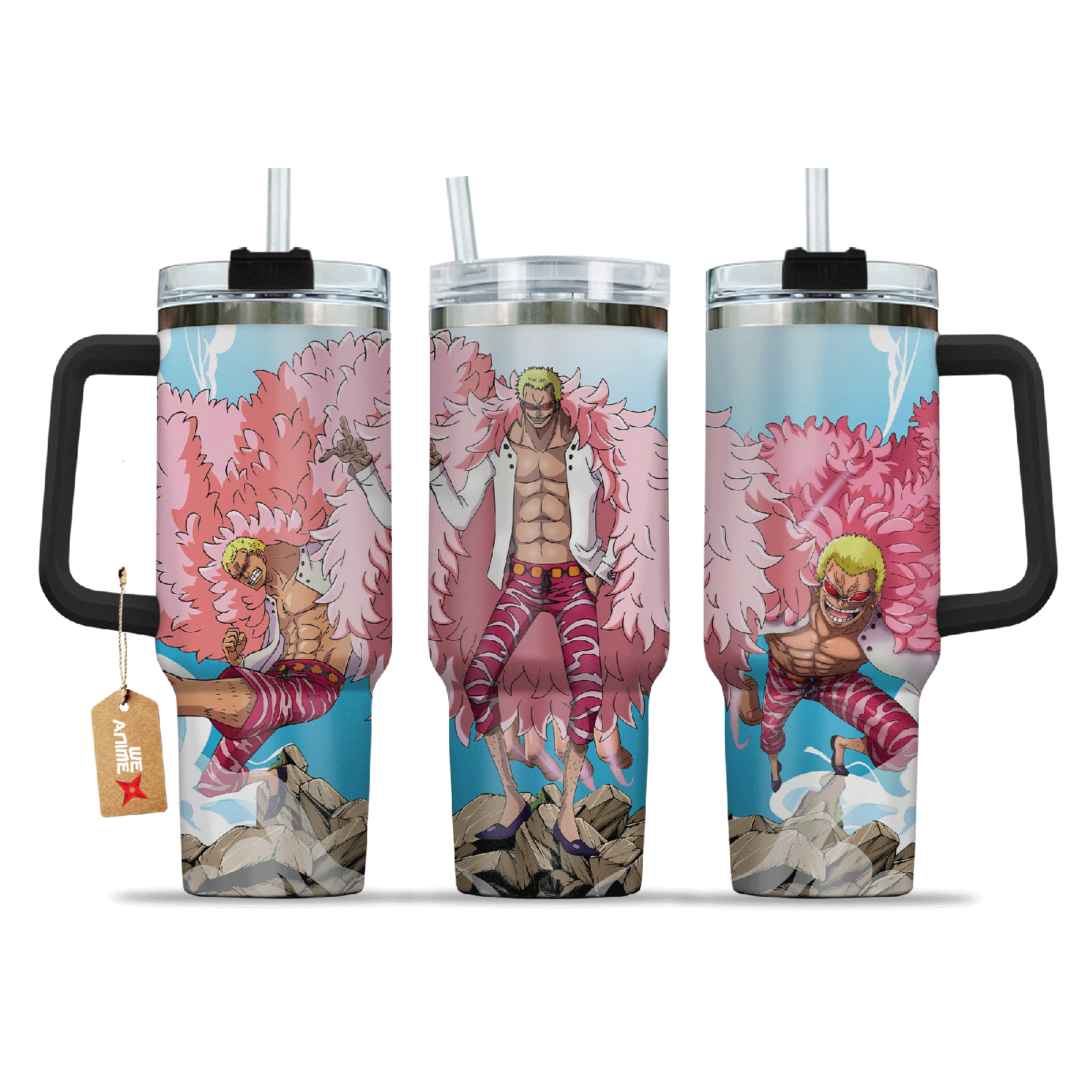 Donquixote Doflamingo One Piece Anime Custom  40oz Quencher Stainless Steel Tumbler With Handle, Best Gift Idea NVA, Best Gift Idea NVA
