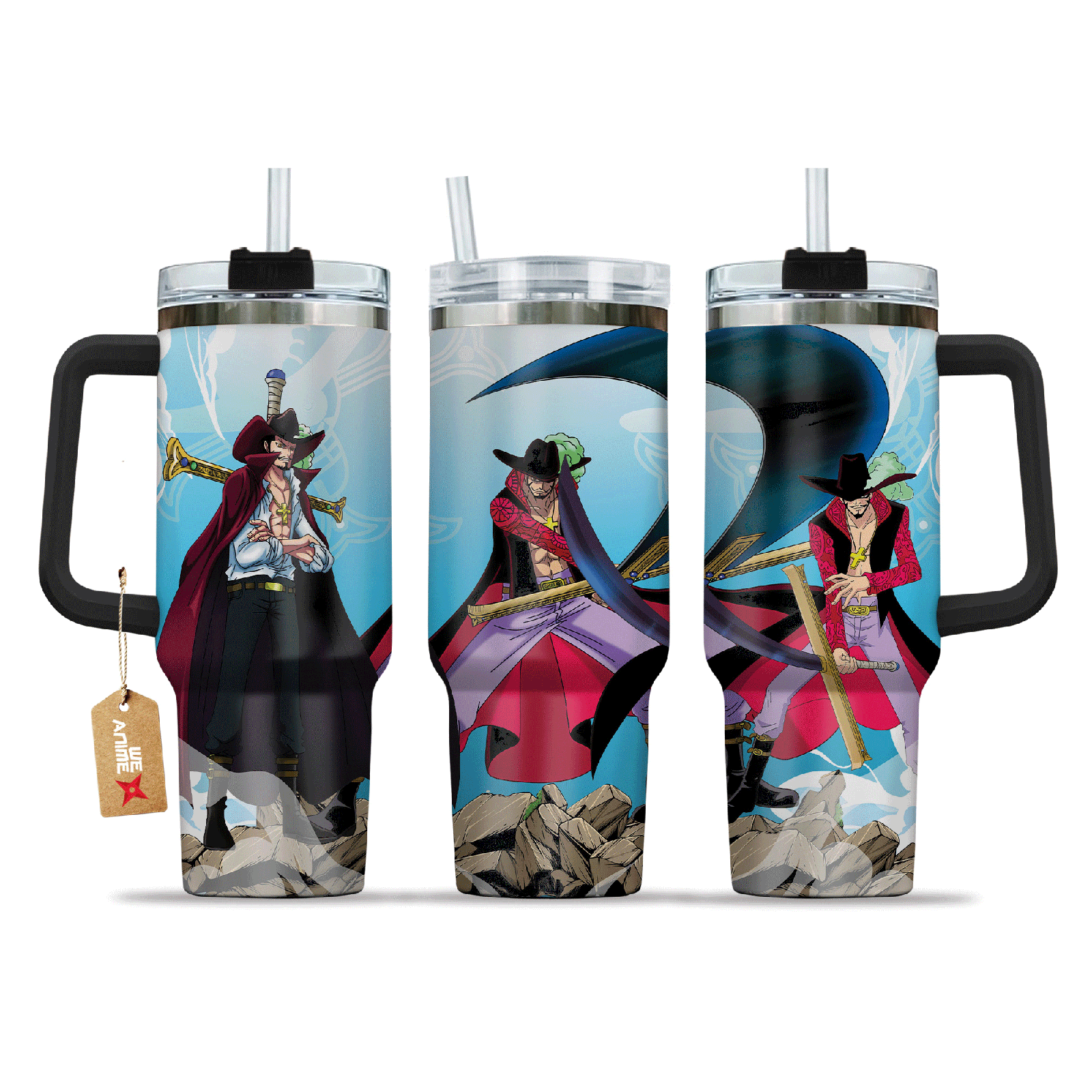 Dracule Mihawk One Piece Anime Custom  40oz Quencher Stainless Steel Tumbler With Handle, Best Gift Idea NVA, Best Gift Idea NVA