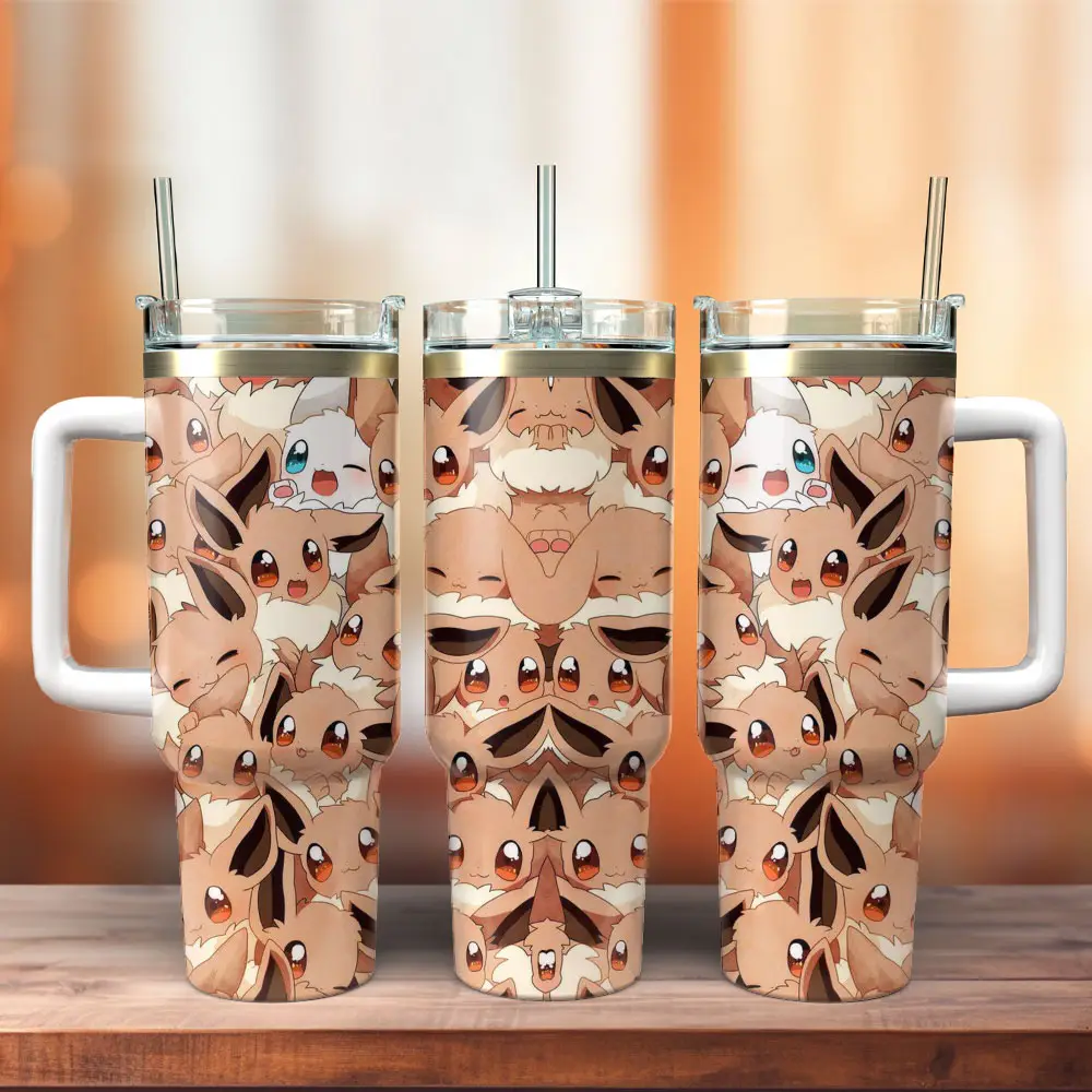 Eevee Pokemon Anime Custom Quencher  40oz Stainless Steel Tumbler With Handle HG