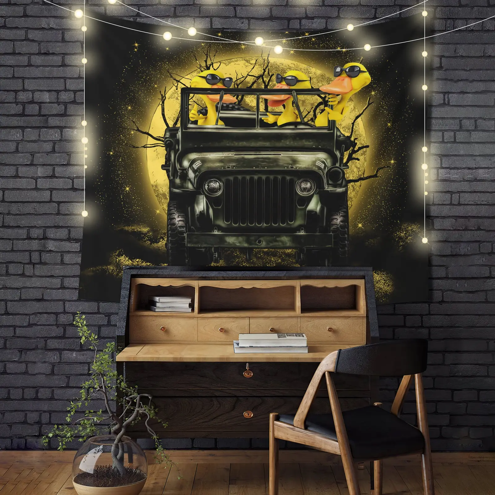 Funny Ducks Drive Jeep Moonlight Halloween Funny Tapestry Room Decor
