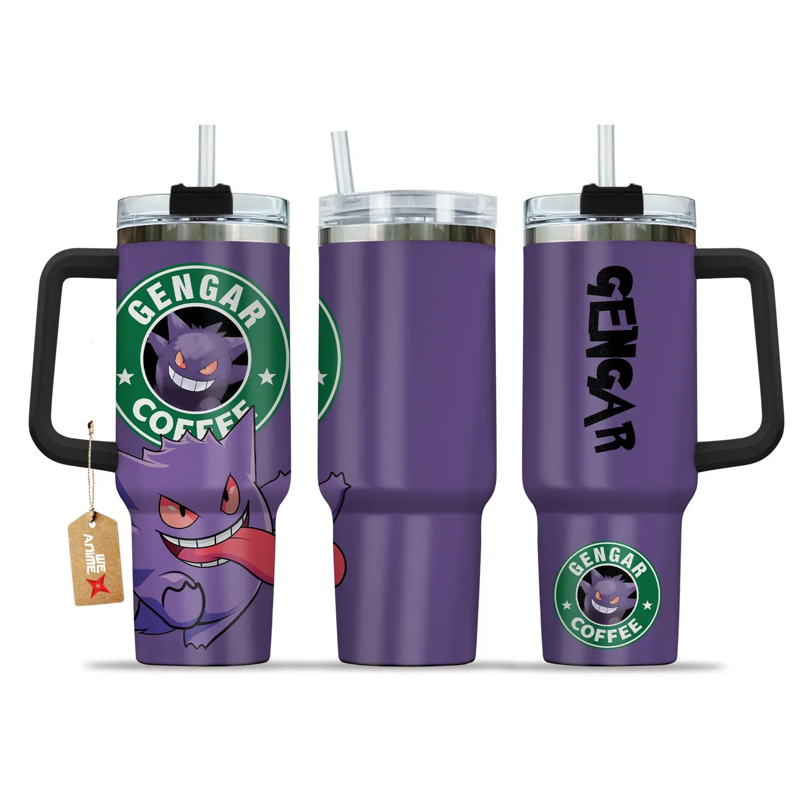 Gengar Coffee Pokemon Anime Custom  40oz Quencher Stainless Steel Tumbler With Handle, Best Gift Idea NVA