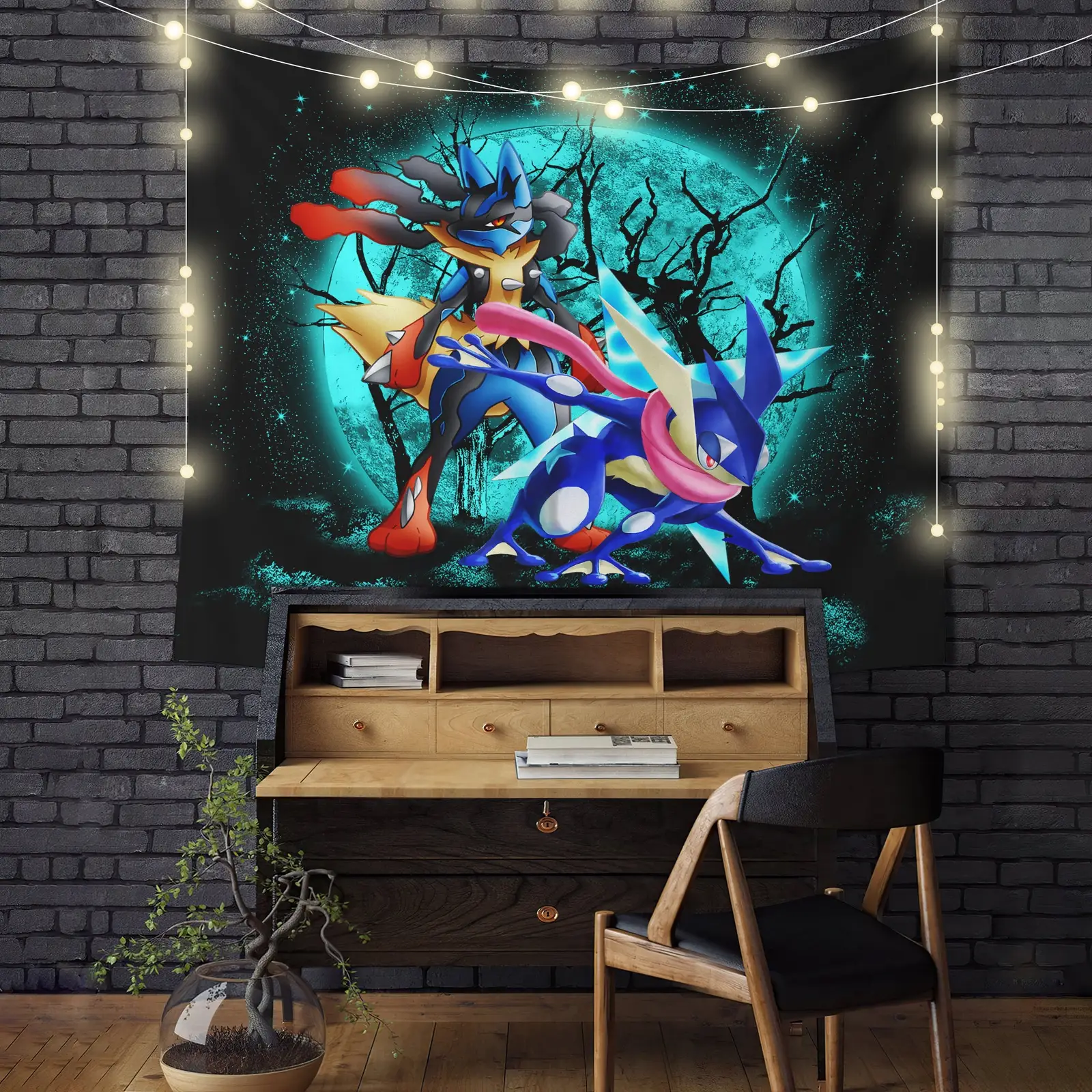 Greninja Satoshi And Mega Lucario Moonlight Halloween Funny Tapestry Room Decor