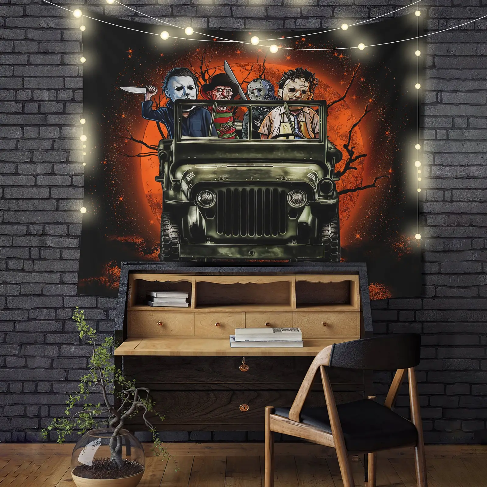 Halloween Horror Movie Ride Jeep Funny Moonlight Tapestry Room Decor