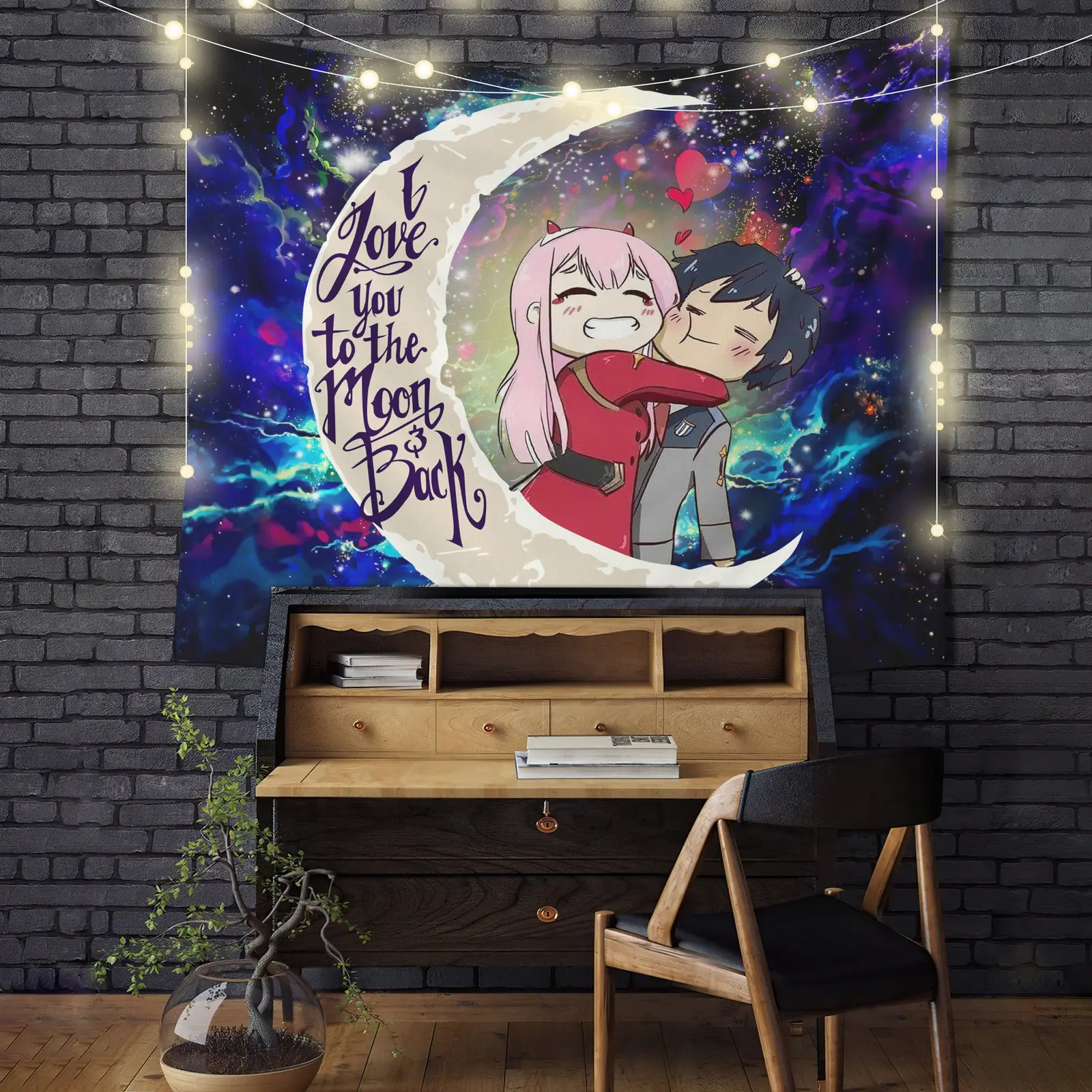 Hiro Zero Two Darling In The Franxx Anime Couple Love You To The Moon Galaxy Tapestry Room Decor