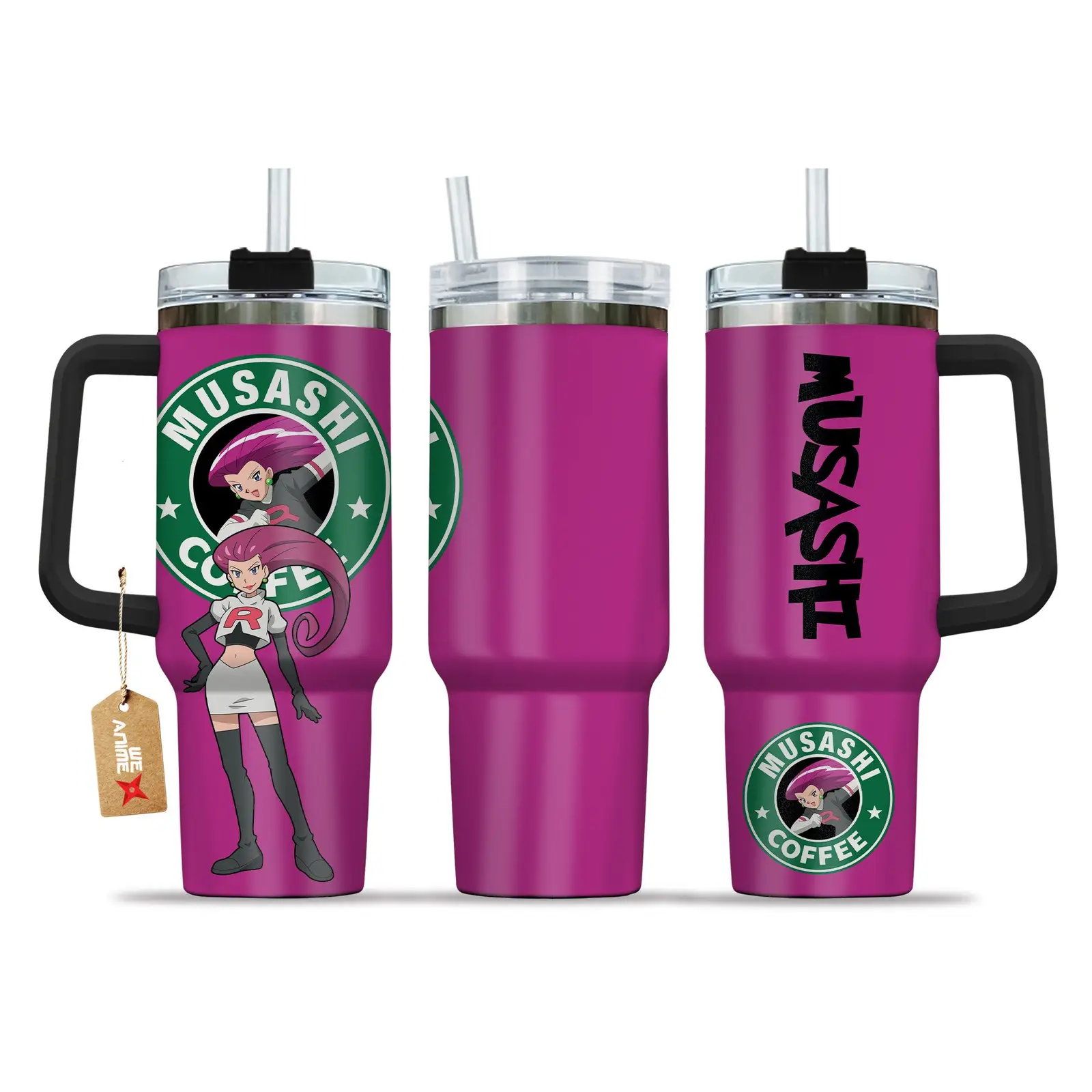 Jessie Musashi Coffee Pokemon Anime Custom  40oz Quencher Stainless Steel Tumbler With Handle, Best Gift Idea NVA