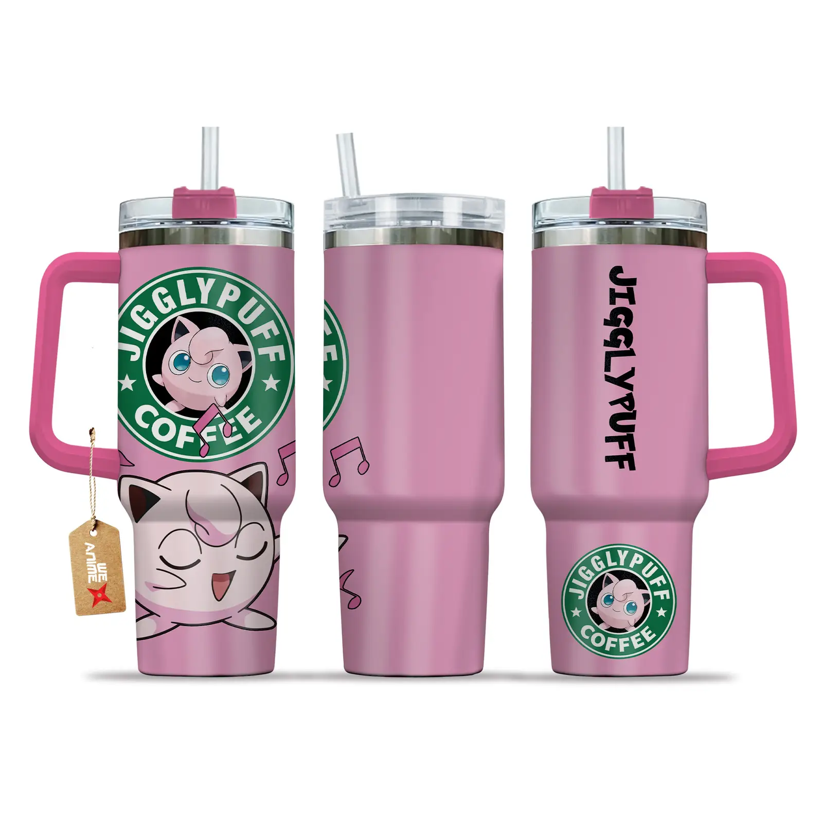 Jigglypuff Coffee Pokemon Anime Custom  40oz Quencher Stainless Steel Tumbler With Handle, Best Gift Idea NVA