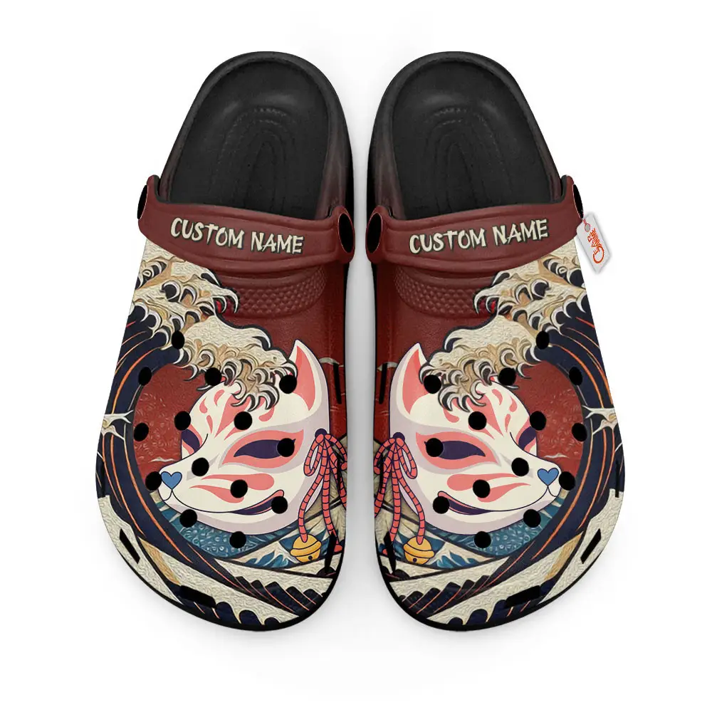 Kitsune Mask Kanagawa Wave Japan Premium EVA Clogs Custom Name