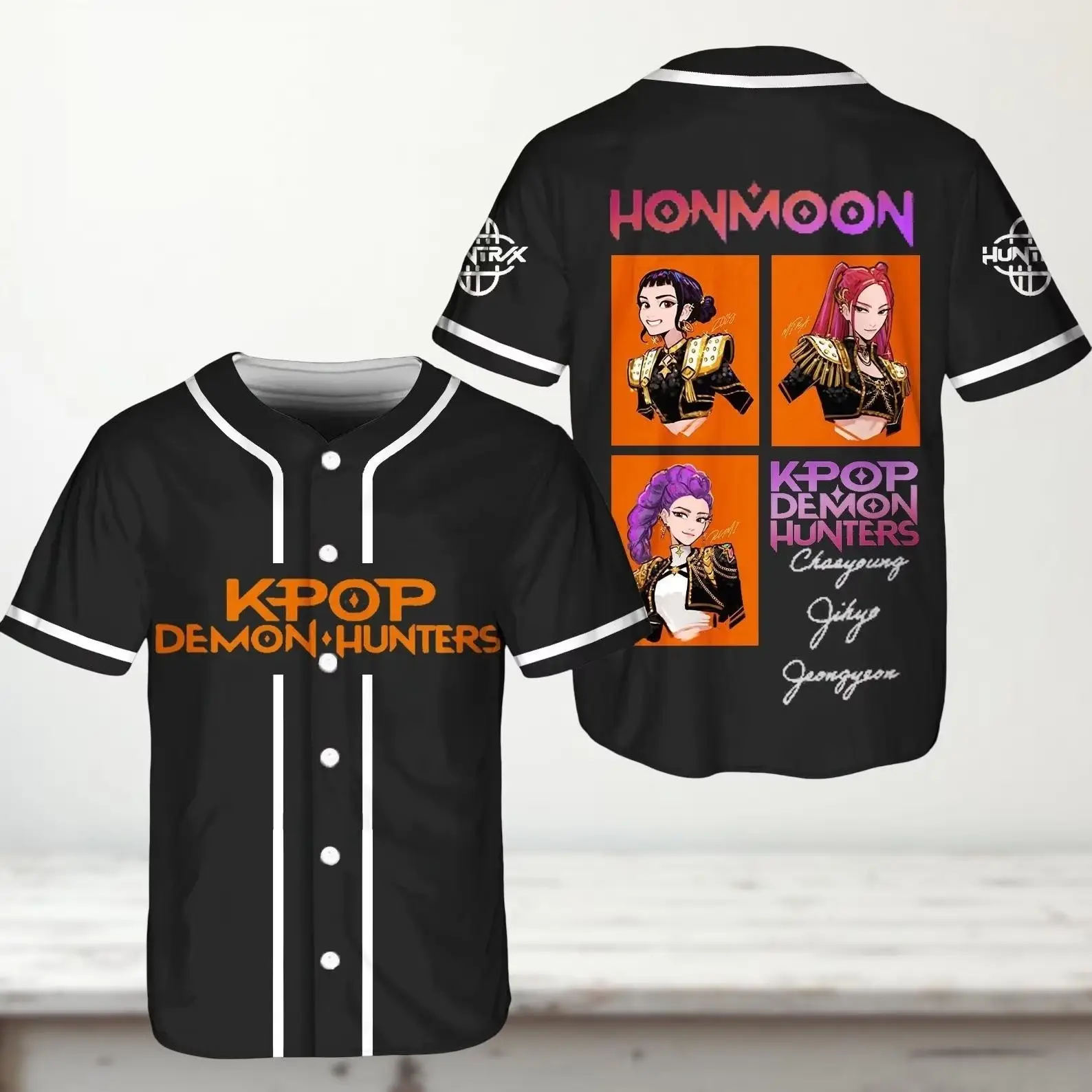 Kpop Demon Hunter Girl Group Jersey Purple Trim Anime Baseball 3D Unisex T-Shirt - Benietee Shop