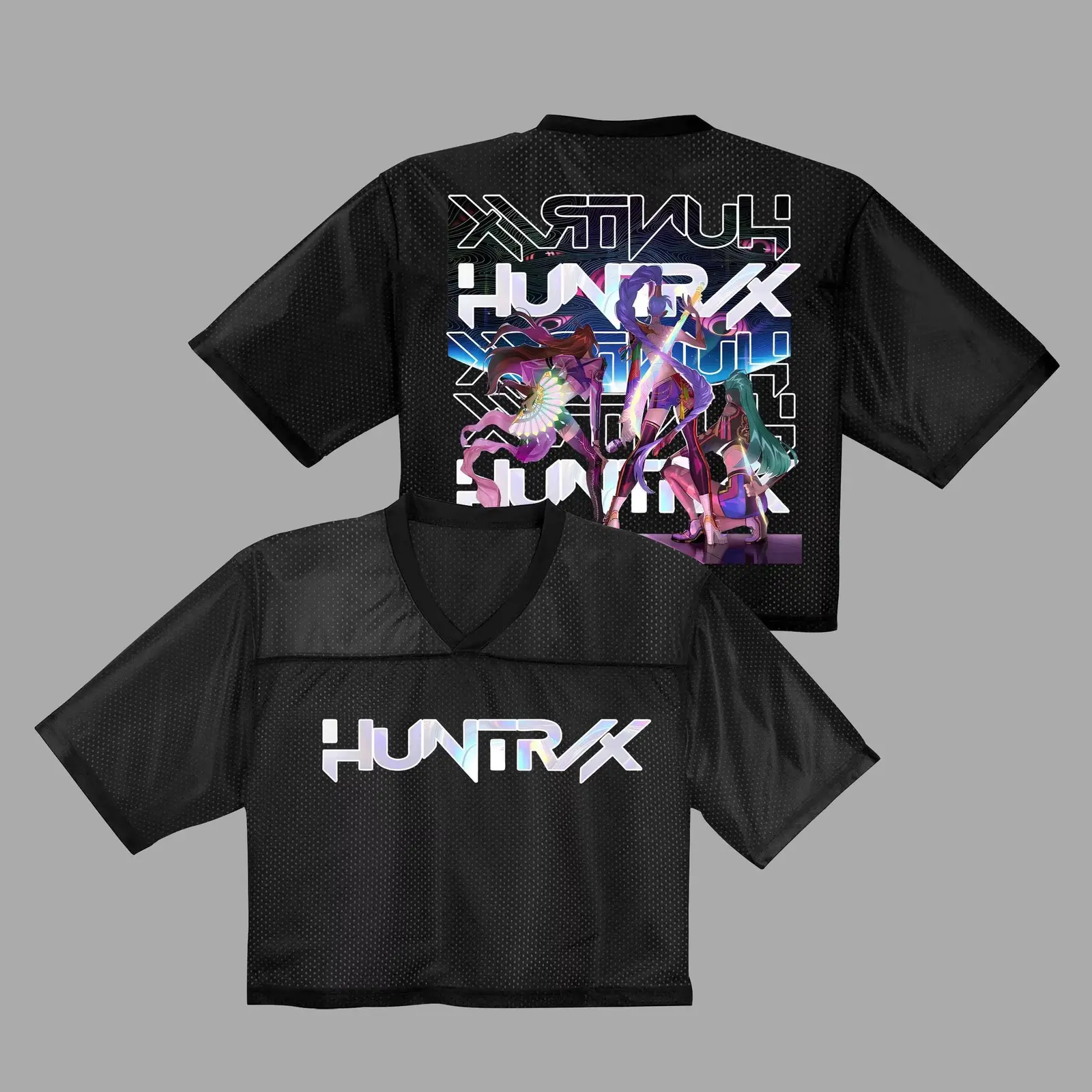 Kpop Demon Hunters Crop Top Football Jersey Full Mesh, Huntrix Golden Mesh Shirt, Anime Kpop Concert Outfit - Benietee Shop