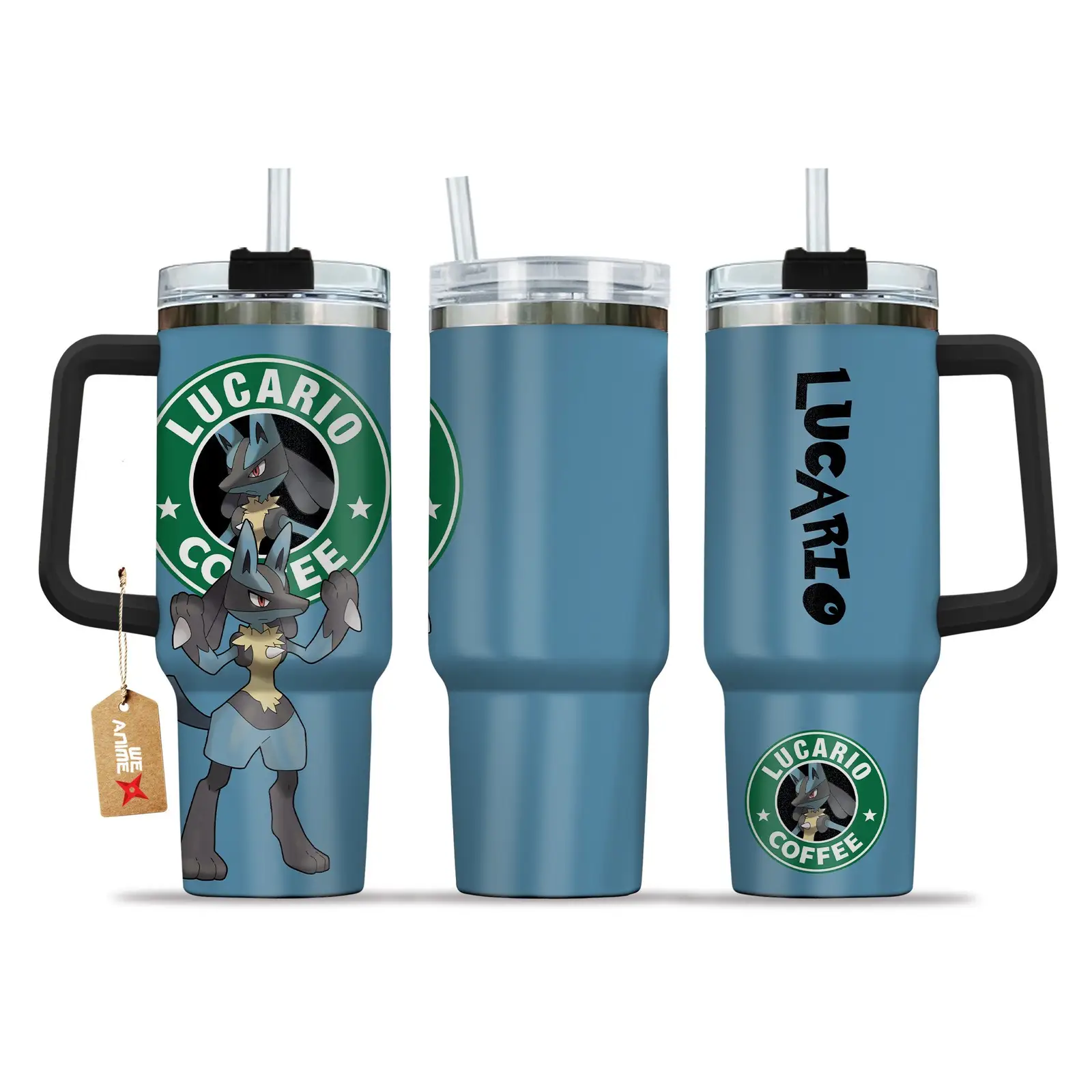 Lucario Coffee Pokemon Anime Custom  40oz Quencher Stainless Steel Tumbler With Handle, Best Gift Idea NVA