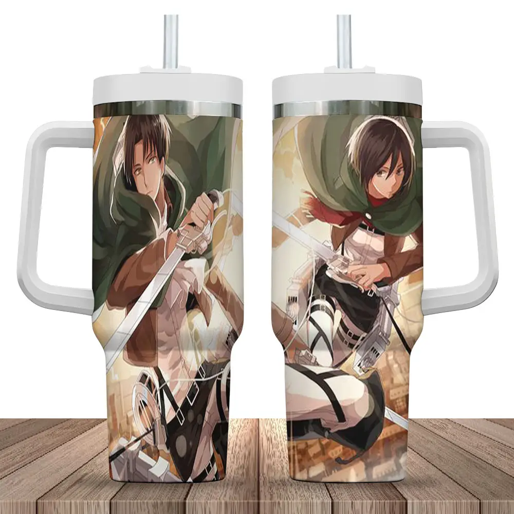 Mikasa & Levi Ackerman Attack on Titan Anime Custom Quencher  40oz Stainless Steel Tumbler With Handle HCA