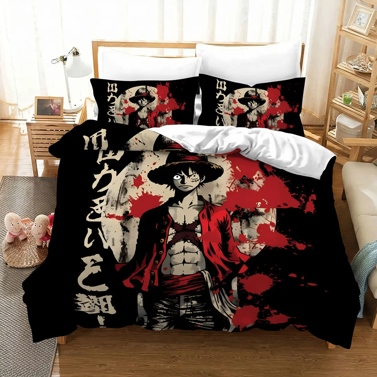 Monkey D. Luffy Red Black Brush Art Anime Bedding Set