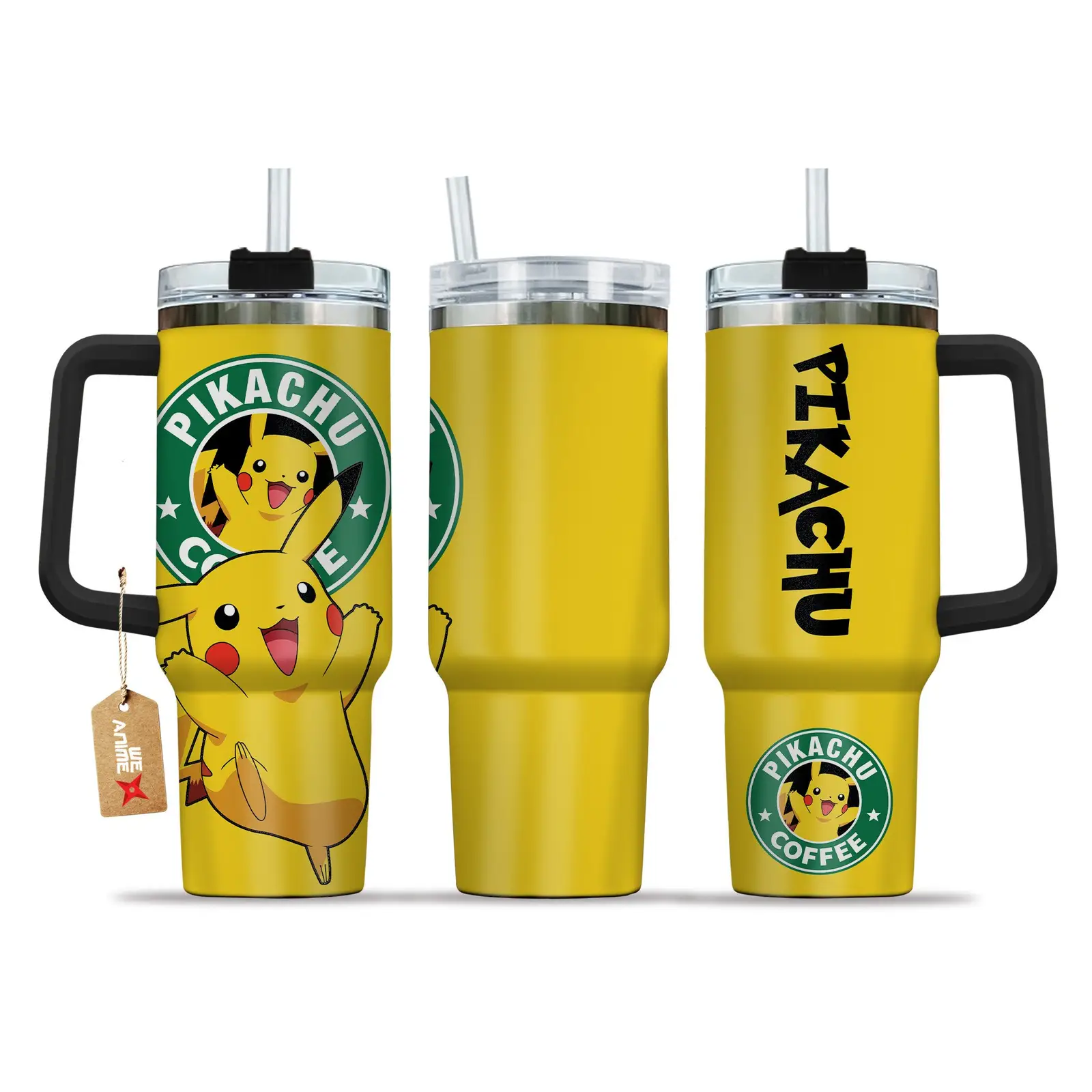 Pikachu Coffee Pokemon Anime Custom  40oz Quencher Stainless Steel Tumbler With Handle, Best Gift Idea NVA