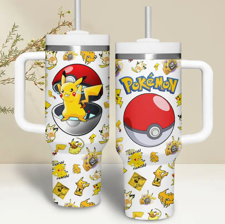 Pikachu Pokemon Anime Custom Quencher  40oz Stainless Steel Tumbler With Handle HG