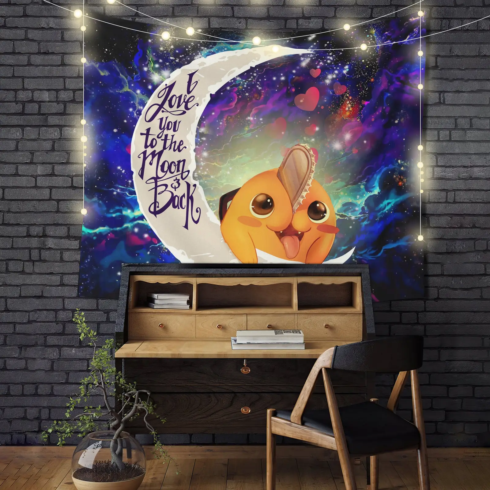 Pochita Chainsaw Man Anime Love You To The Moon Galaxy Tapestry Room Decor