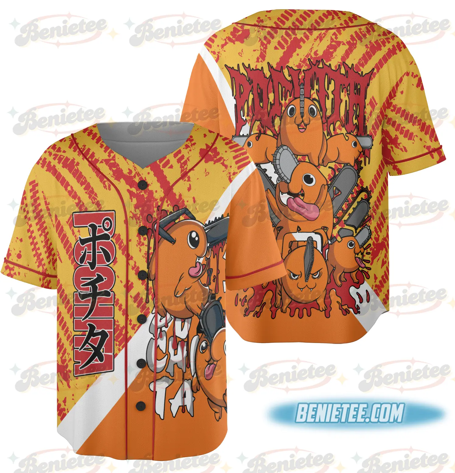 Pochita Chainsaw Man Button Up Baseball Jersey, Anime Jersey - Benietee Shop