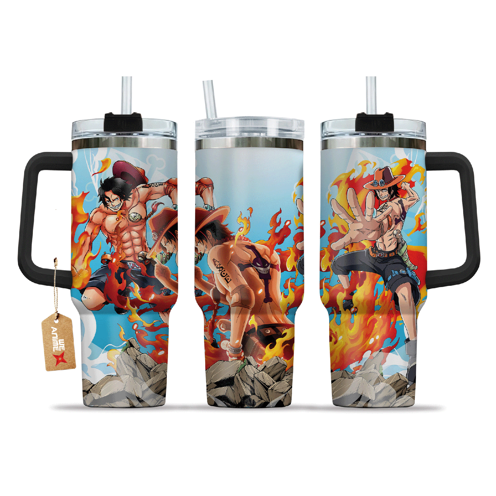 Portgas D. Ace One Piece Anime Custom  40oz Quencher Stainless Steel Tumbler With Handle, Best Gift Idea NVA, Best Gift Idea NVA