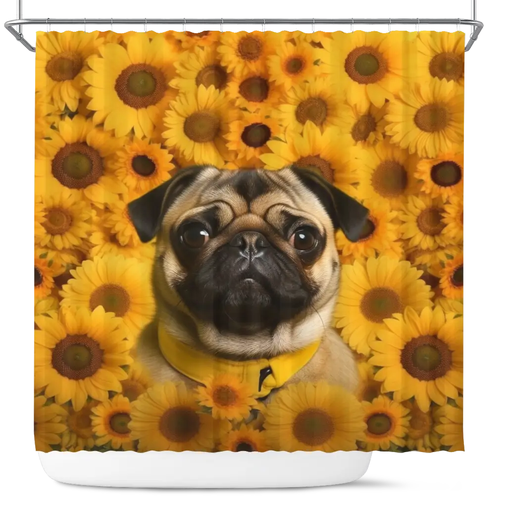 Pug Dog Sunflower Shower Curtain