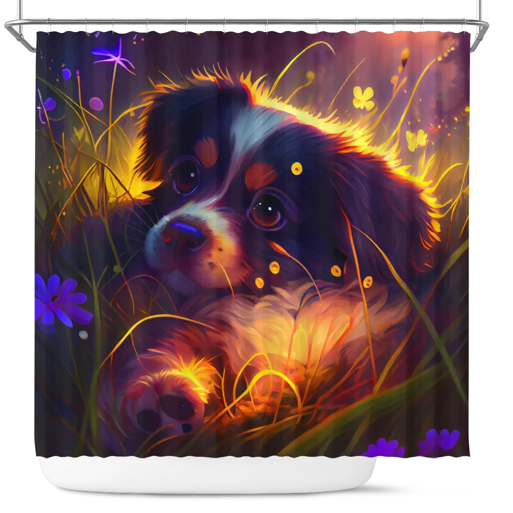 Puppy Bedded Down In The Grass Shower Curtain