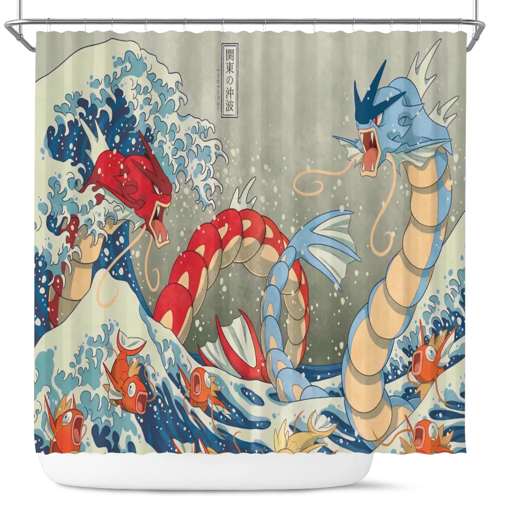 Red Vs Blue Gyarados The Great Wave Japan Shower Curtain