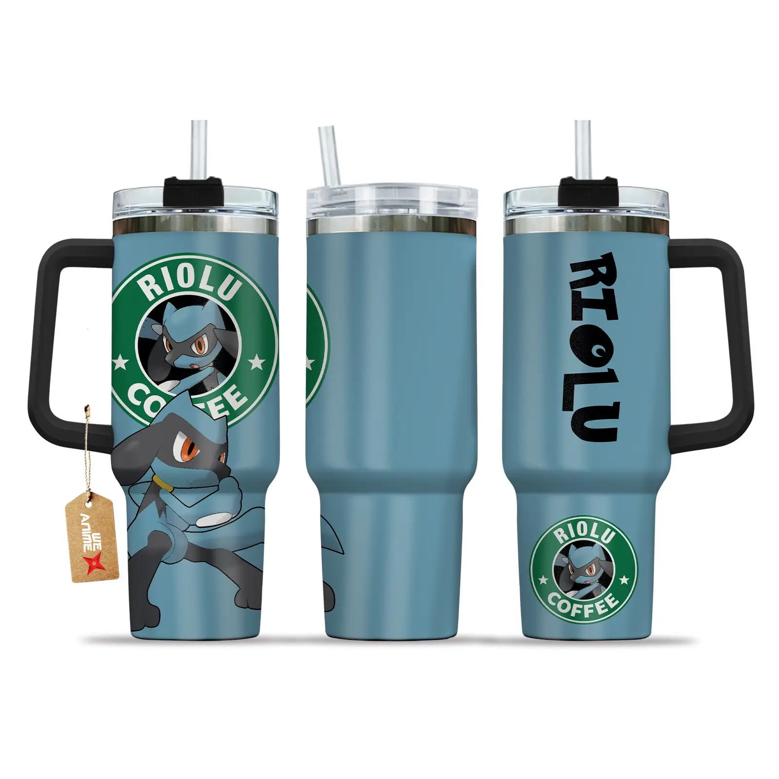 Riolu Coffee Pokemon Anime Custom  40oz Quencher Stainless Steel Tumbler With Handle, Best Gift Idea NVA
