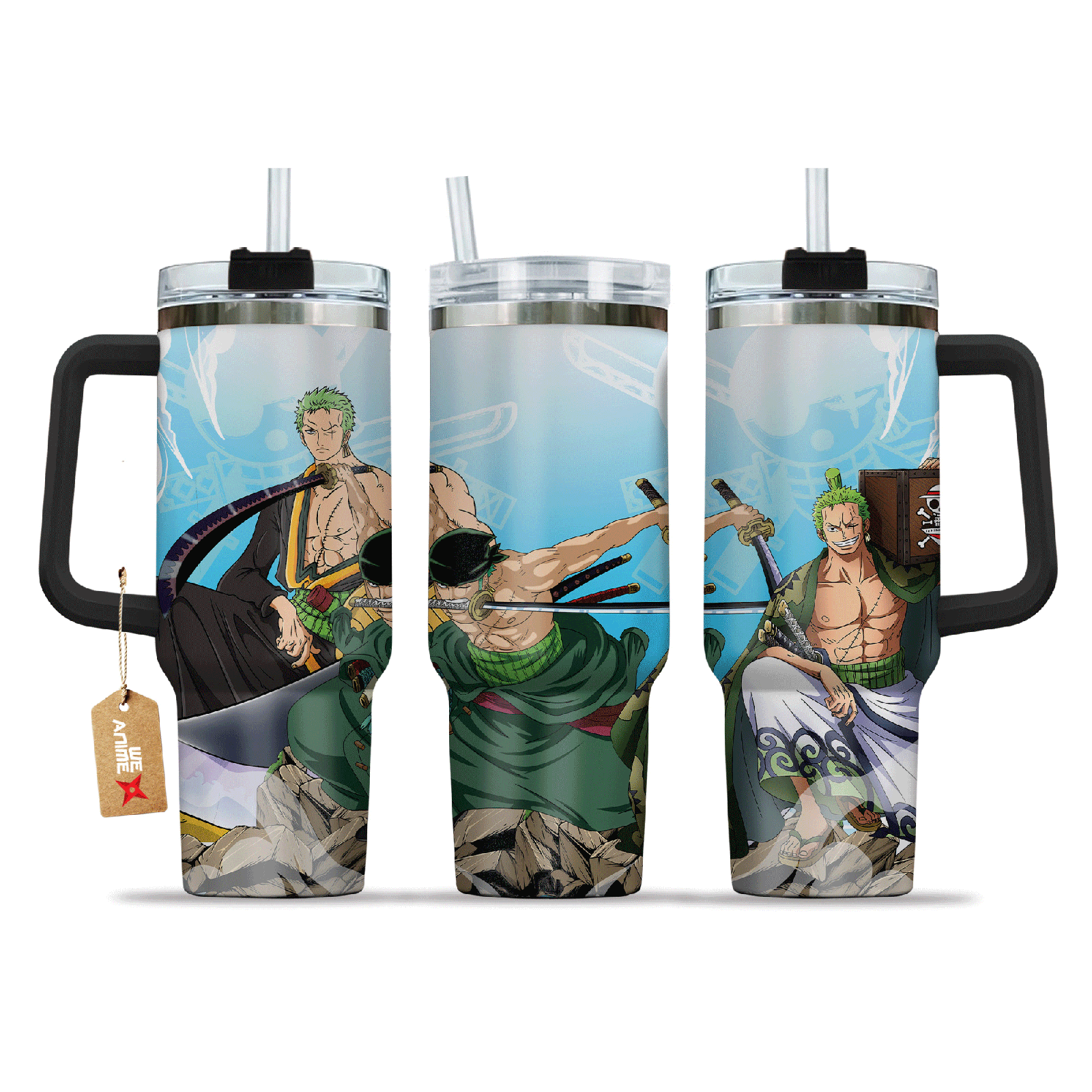 Roronoa Zoro One Piece Anime Custom  40oz Quencher Stainless Steel Tumbler With Handle, Best Gift Idea NVA, Best Gift Idea NVA