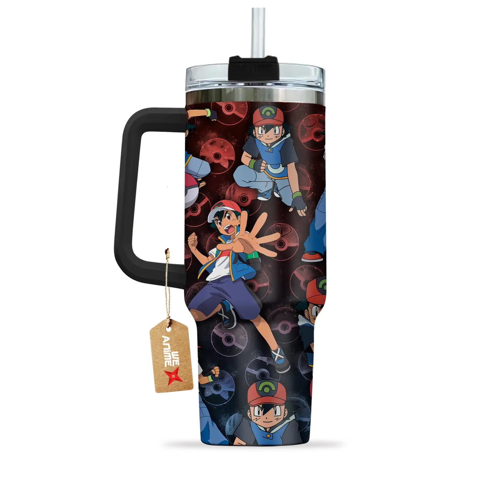 Satoshi Ash Ketchum Pokemon Anime Custom Quencher  40oz Stainless Steel Tumbler With Handle HG