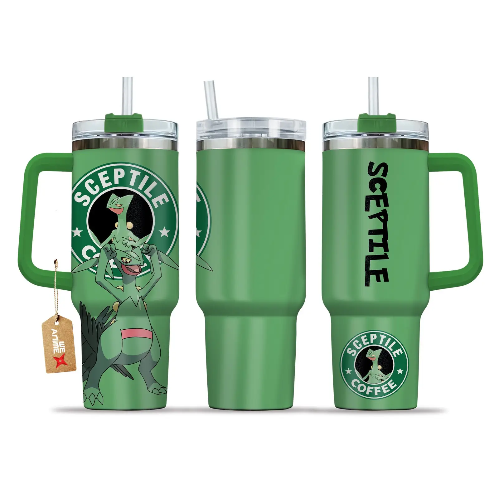 Sceptile Coffee Pokemon Anime Custom  40oz Quencher Stainless Steel Tumbler With Handle, Best Gift Idea NVA