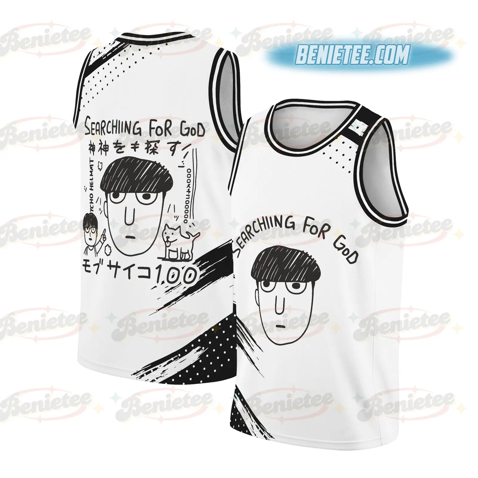 Searching For God Japan Psycho Basketball Jersey, Anime Mob Funny Tokyo Japanese Weird Harajuku Streetwear Jersey - Benietee Shop