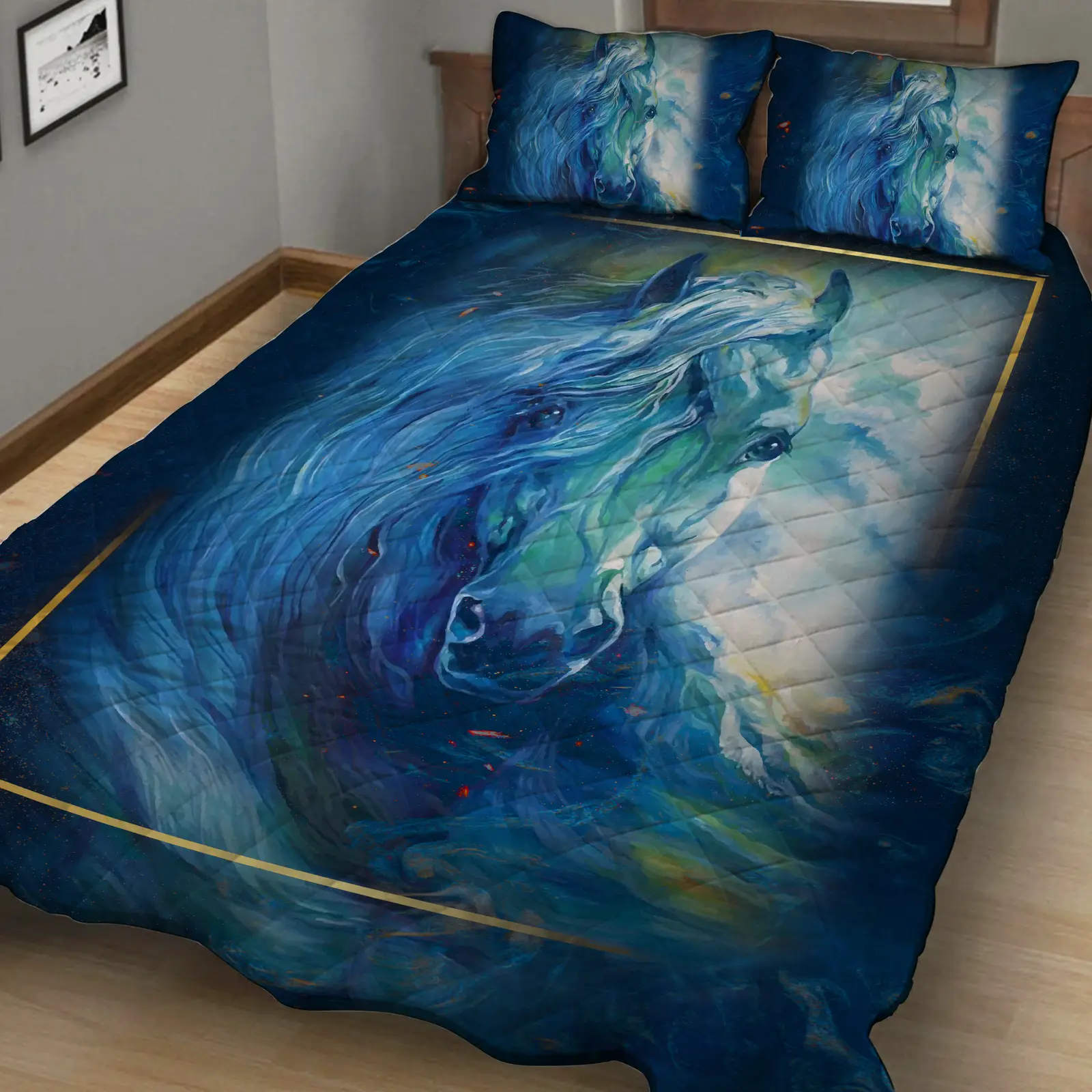 Aesthetic Blue Wave Horse 3D Quilt Set