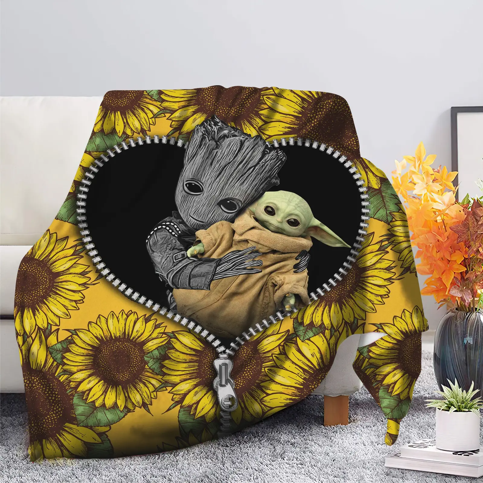Baby Groot And Baby Yoda Sunflower Zipper Blanket
