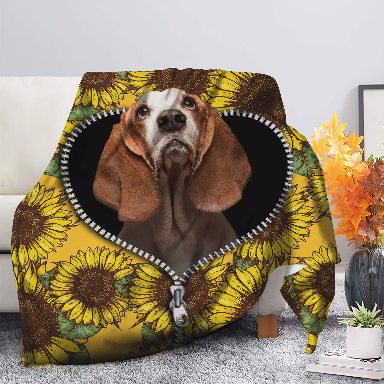 Basset Hound Sunflower Zipper Blanket