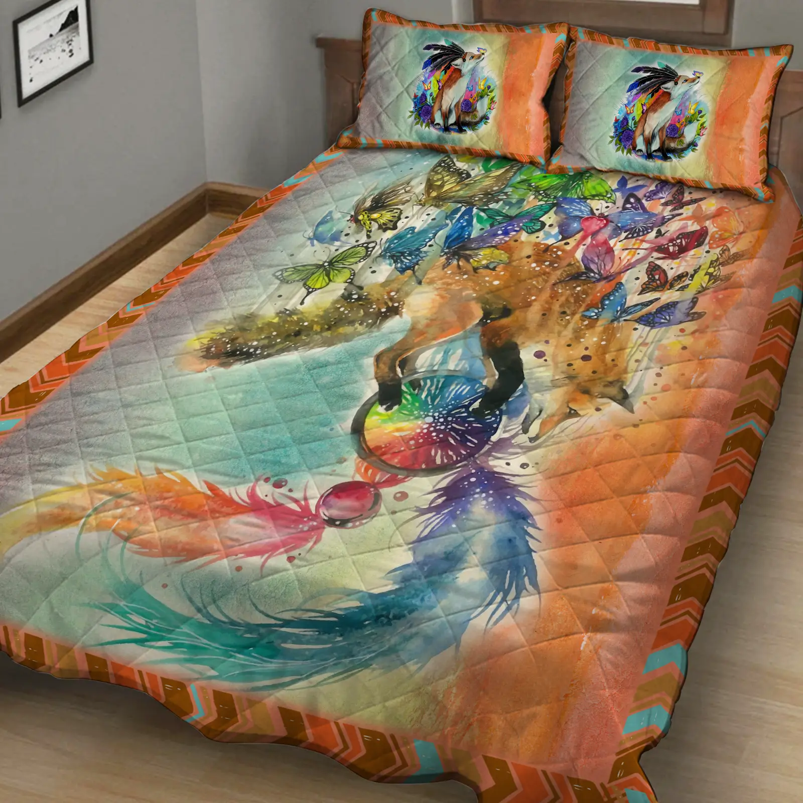 Beautiful Fox and Butterflies 3D Quilt Bed Set