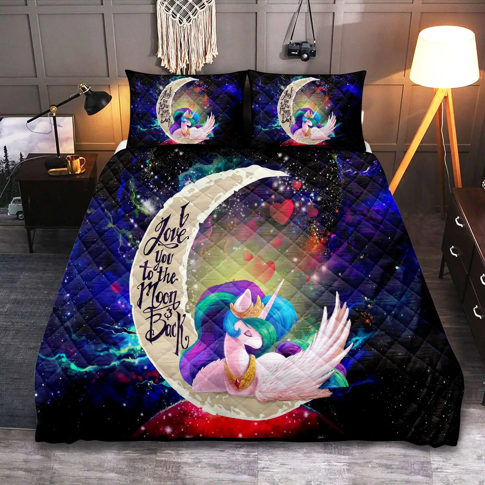 Beauty Unicorn Love You To The Moon Galaxy Quilt Bed Sets