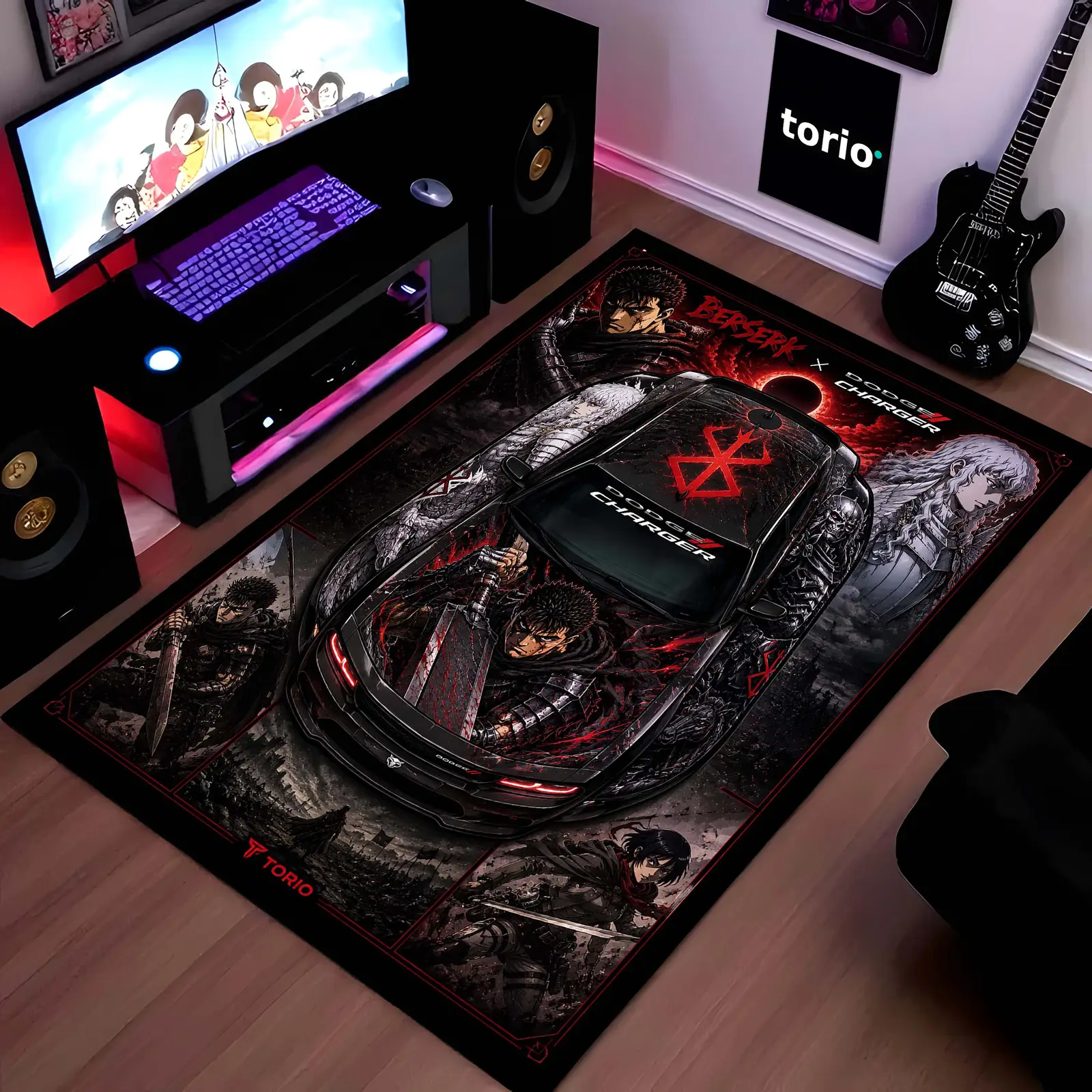 Berserk Dodge Charger Anime Area Rug | Guts & Griffith Dark Fantasy Floor Mat | Berserk Gaming Rug for Bedroom, Gaming Room, Anime Setup & Otaku Decor