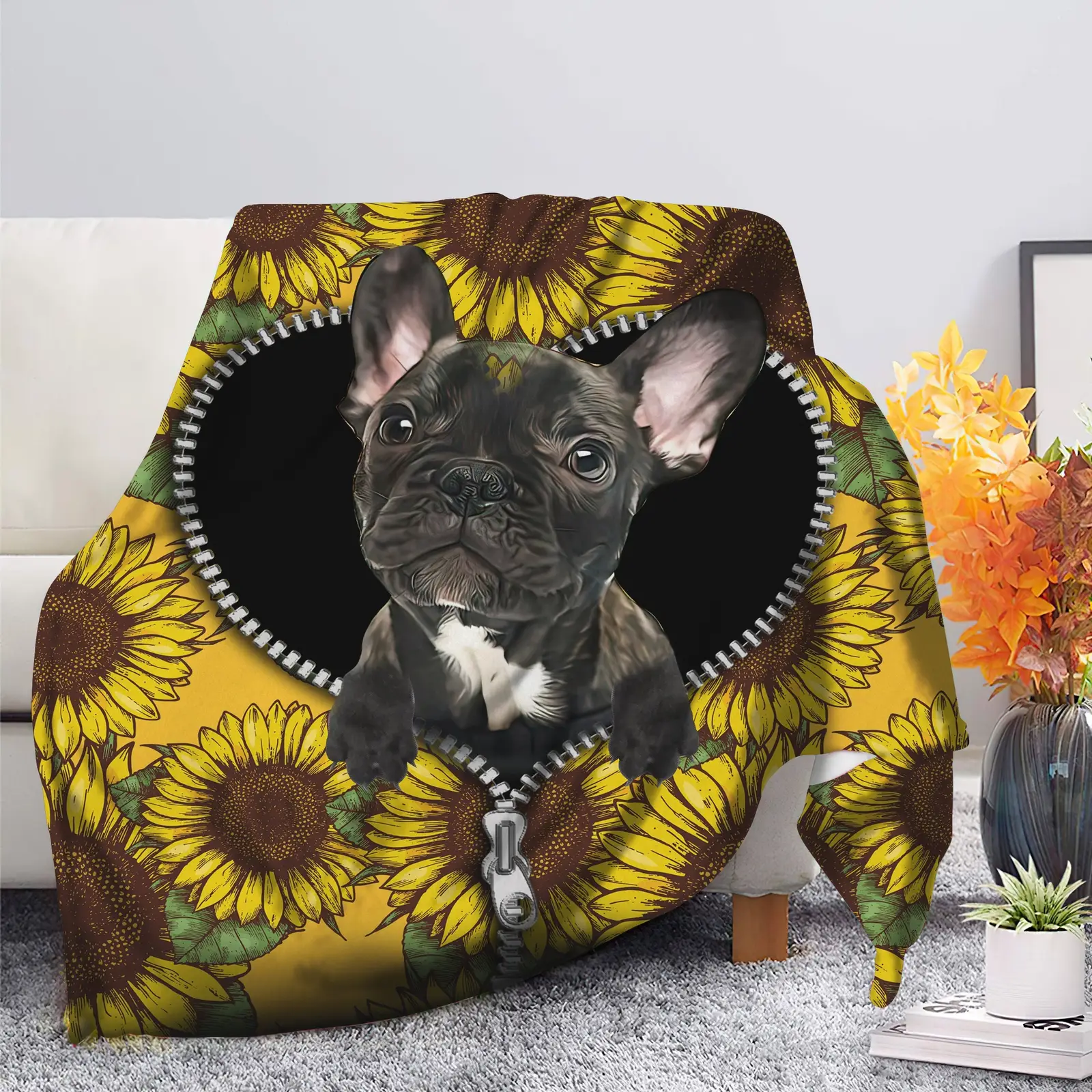 Black French Bulldog Sunflower Zipper Blanket