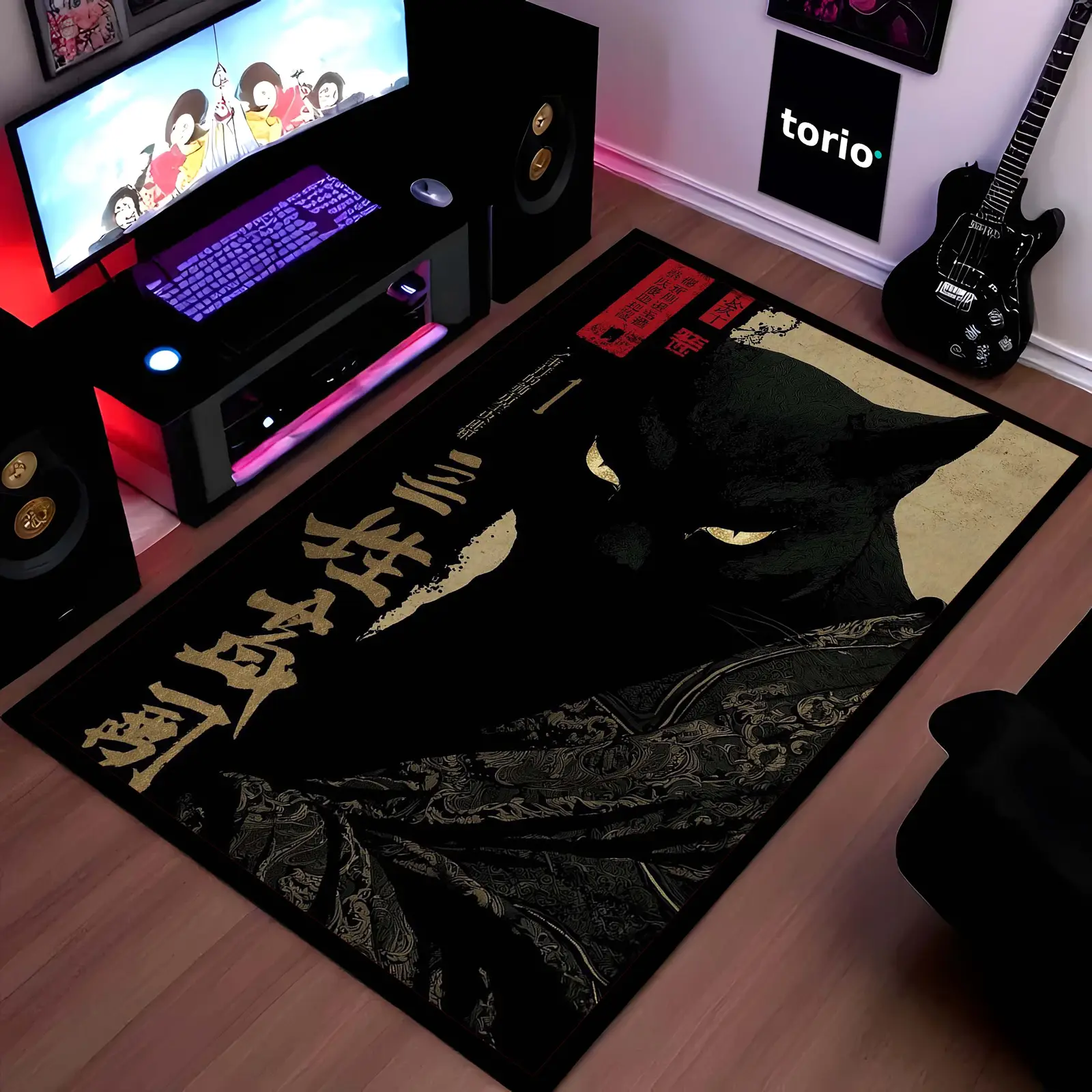 Black Samurai Cat Area Rug | Japanese Aesthetic Floor Mat | Dark Anime Style Cat Rug | Minimalist Decor Carpet for Bedroom, Gaming Room & Living Space