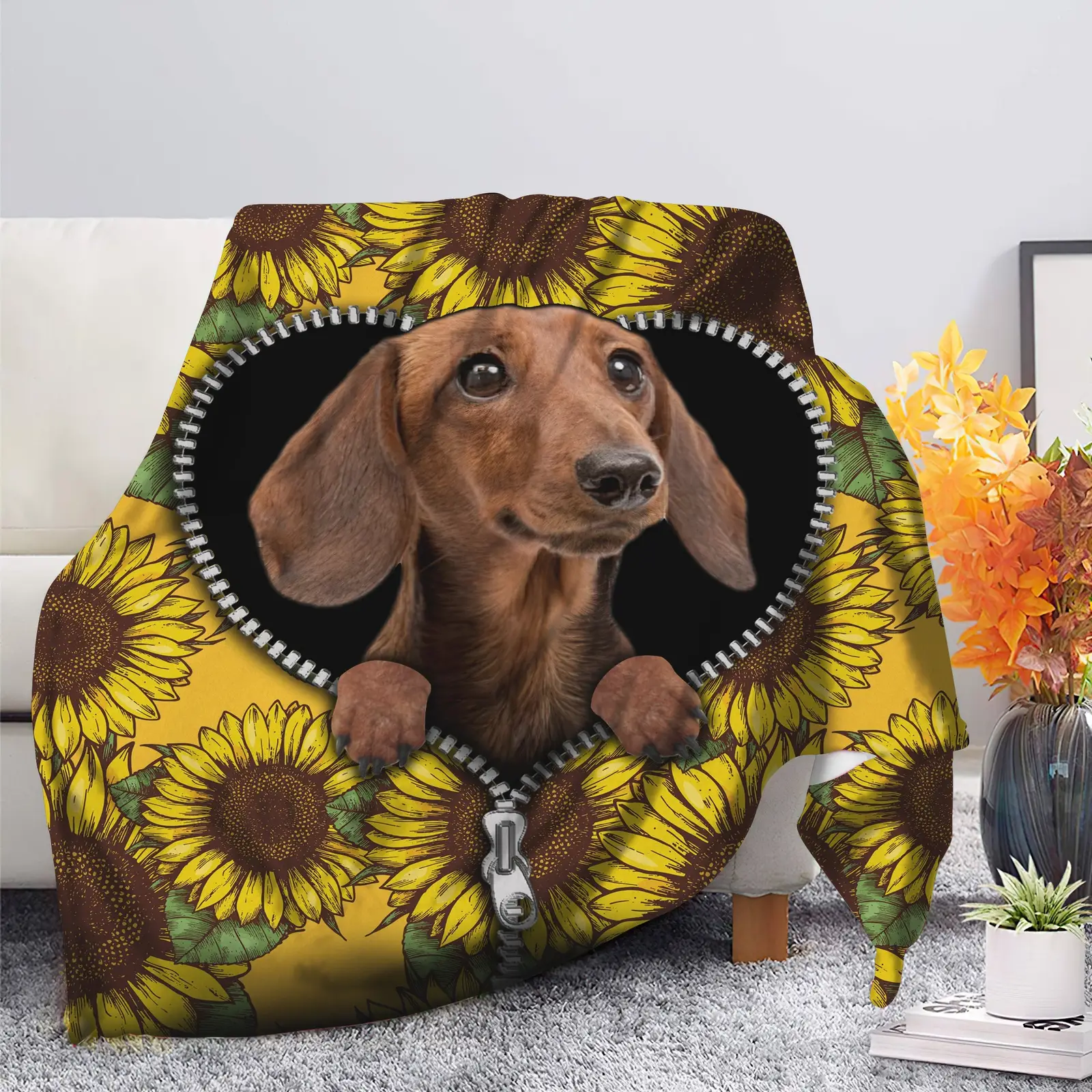 Brown Dachshund Sunflower Zipper Blanket