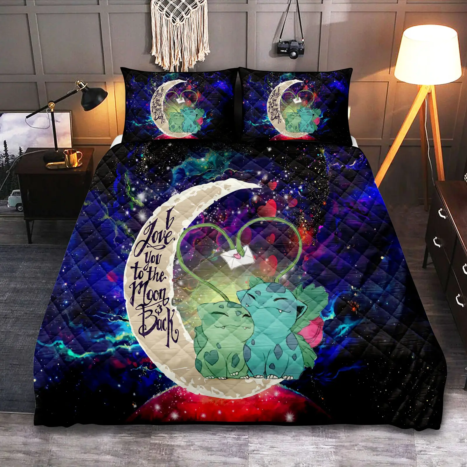 Bulbasaur Couple Love You To The Moon Galaxy Quilt Bed Sets