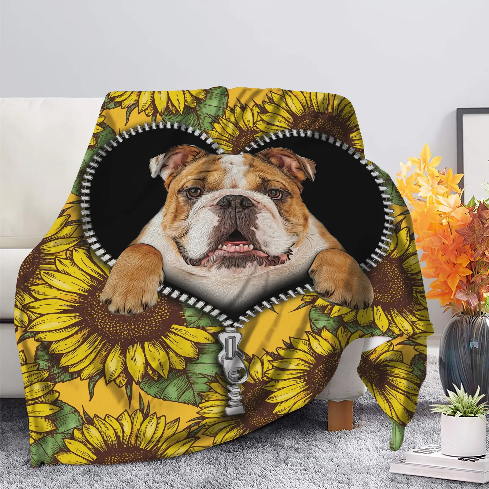 Bull Dog Sunflower Zipper Custom Blanket
