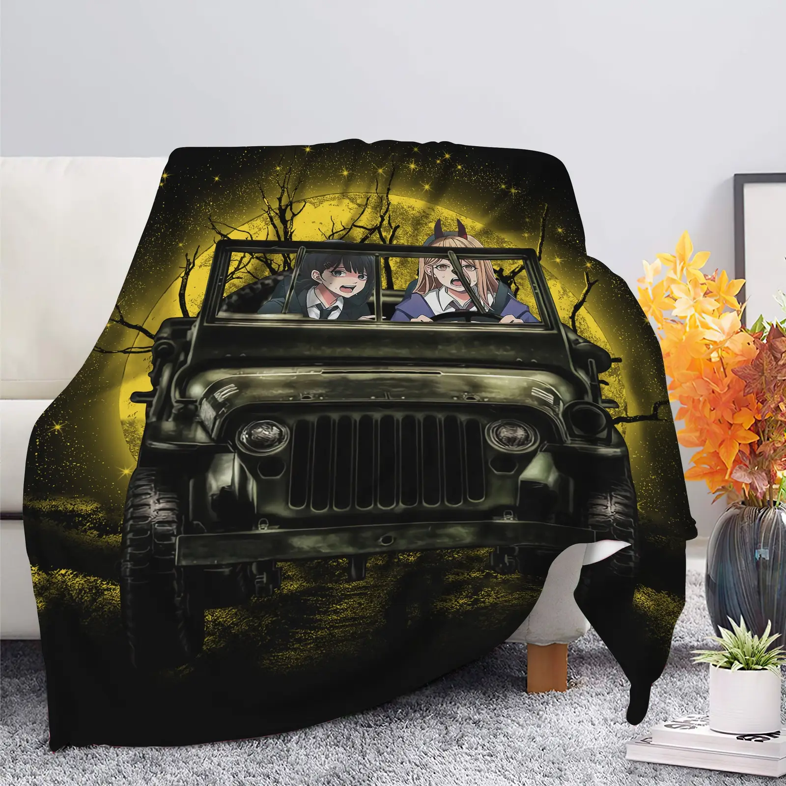 Chainsaw Man Anime Funny Halloween Moonlight Blanket