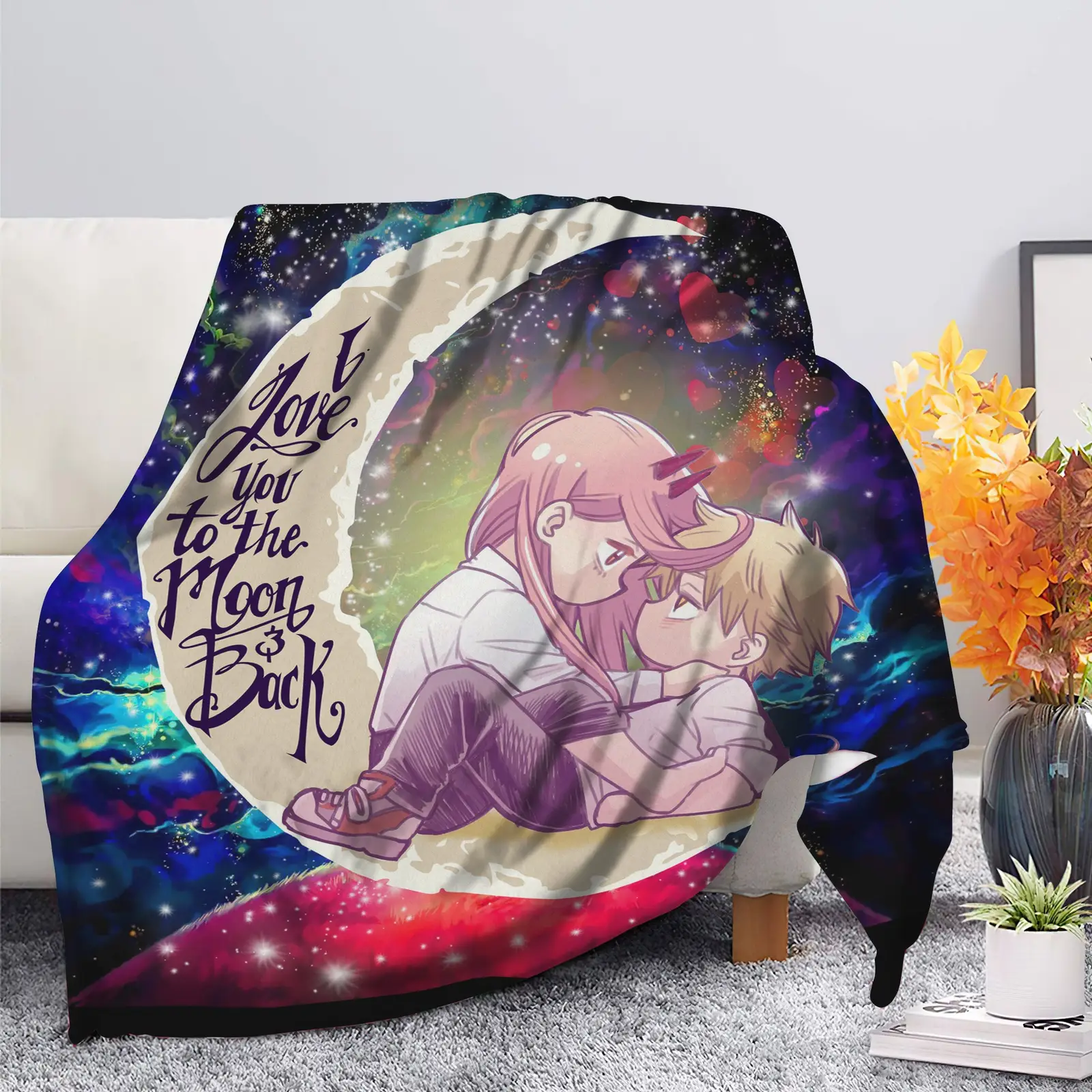 Chainsaw Man Denji X Power Love You To The Moon Galaxy Blanket